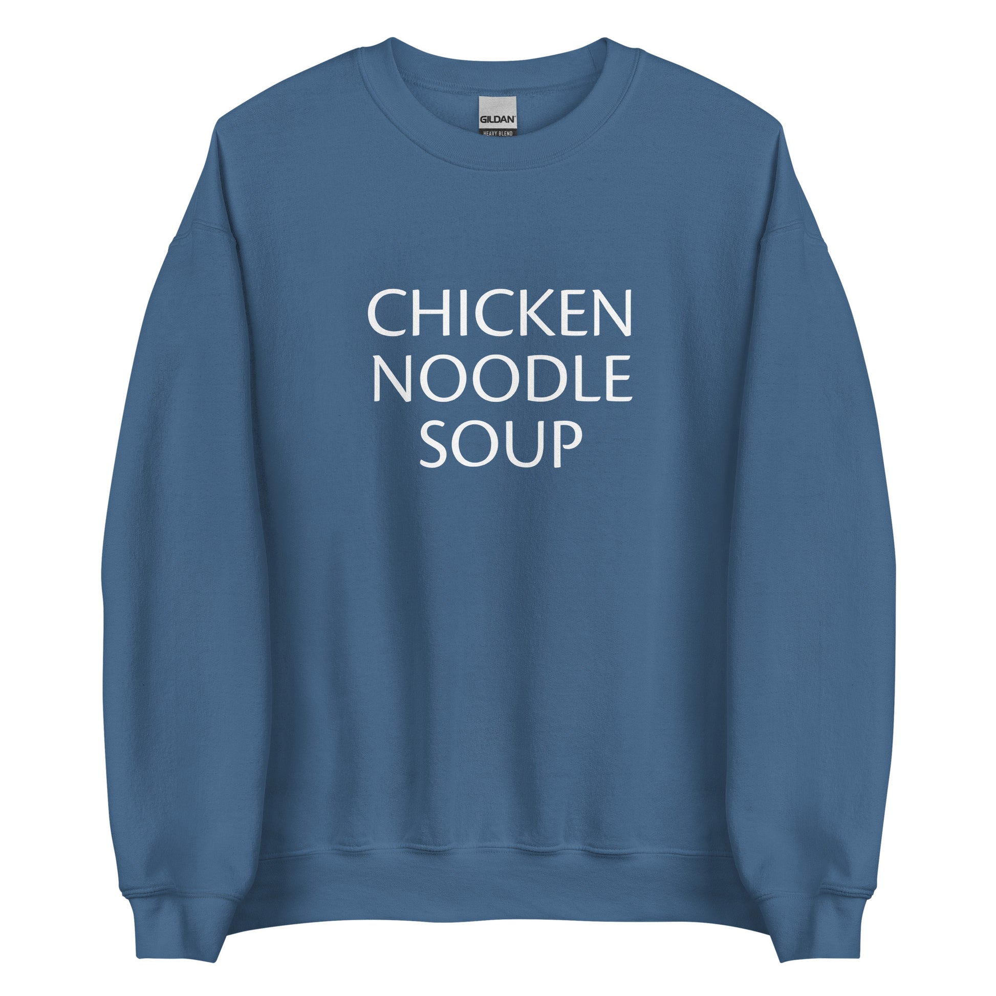 Indigo Blue Chicken Noodle Soup Sweatshirt from Nina's Funky Shop by ninanush - Do you love soup? Looking for a funny gift for a friend? Our Chicken Noodle Soup Crewneck Sweatshirt is soft, comfortable and just what you need. It's a unisex foodie sweatshirt that comes in a variety of colors with "Chicken Noodle Soup", expertly printed on the front. A perfect funny foodie sweatshirt for cozy nights in or stand out soup lover streetwear. This soup enthusiast sweatshirt is made just for you.