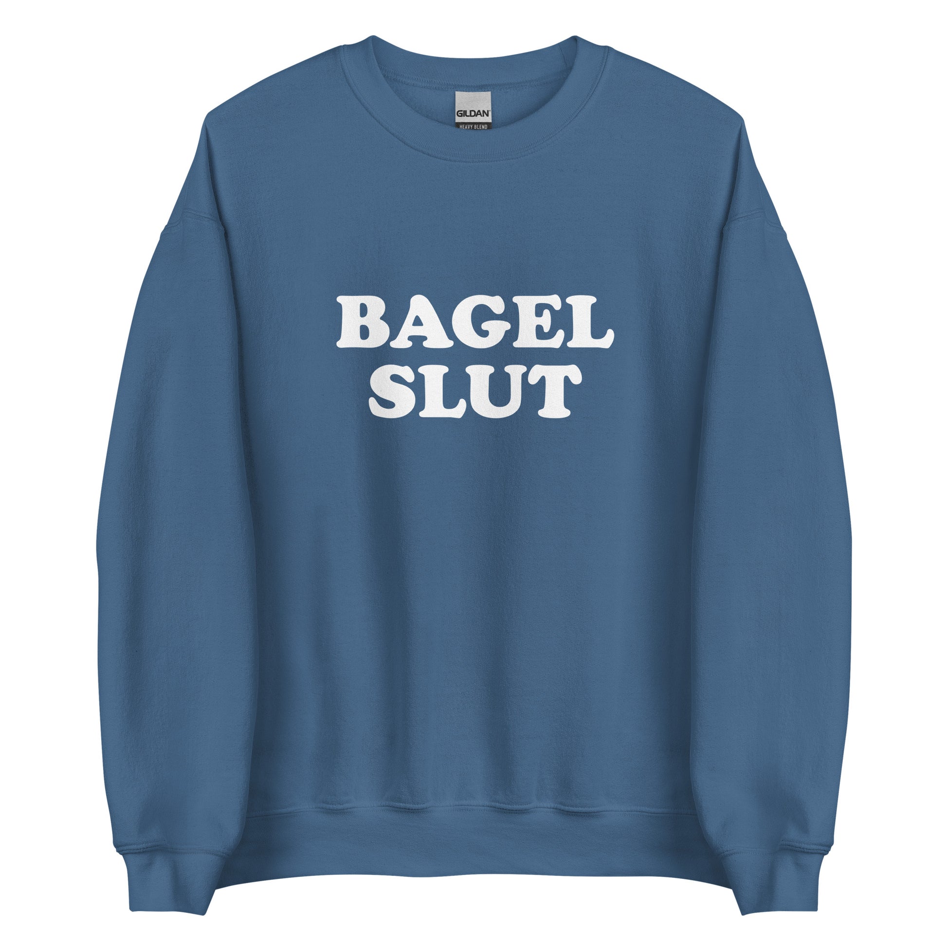 Indigo Blue Bagel Slut Sweatshirt from Nina's Funky Shop by ninanush - Do you love bagels? Looking for a funny gift? Our Bagel Slut Crewneck Sweatshirt is soft, comfortable and just what you need. It's a unisex sweatshirt that comes in a variety of colors with "Bagel Slut", expertly printed on the front. A unique and funny sweatshirt for cozy nights in or stand out bagel lover streetwear.