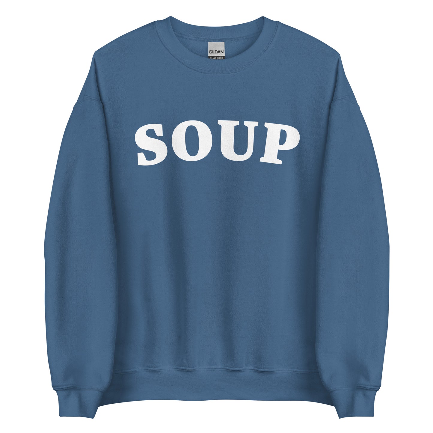 Indigo Blue Soup Crewneck Sweatshirt from Nina's Funky Shop by ninanush - Do you love soup? Looking for a funny gift? Our Soup Crewneck Sweatshirt is soft, comfortable and just what you need. It's a unisex foodie sweatshirt that comes in a variety of colors with "Soup", expertly printed in bold letters on the front. Eat your favorite soup in this funny varsity style sweatshirt. It's designed by Nina and made just for you.