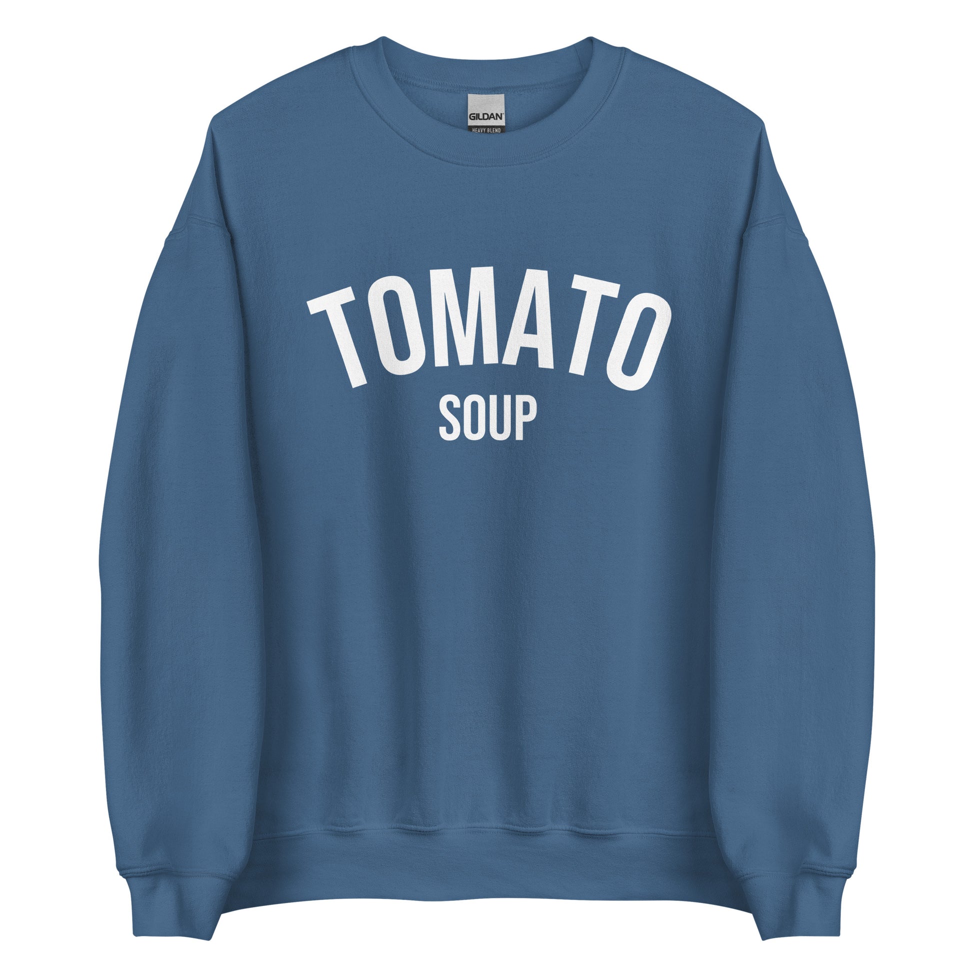 Indigo Blue Tomato Soup Sweatshirt from Nina's Funky Shop by ninanush - Do you love soup? Looking for a funny gift for a friend? Our Tomato Soup Crewneck Sweatshirt is soft, comfortable and just what you need. It's a unisex soup lover sweatshirt that comes in a variety of colors with "tomato soup", expertly printed on the front. A funny foodie sweatshirt for cozy nights in or stand out funky streetwear.