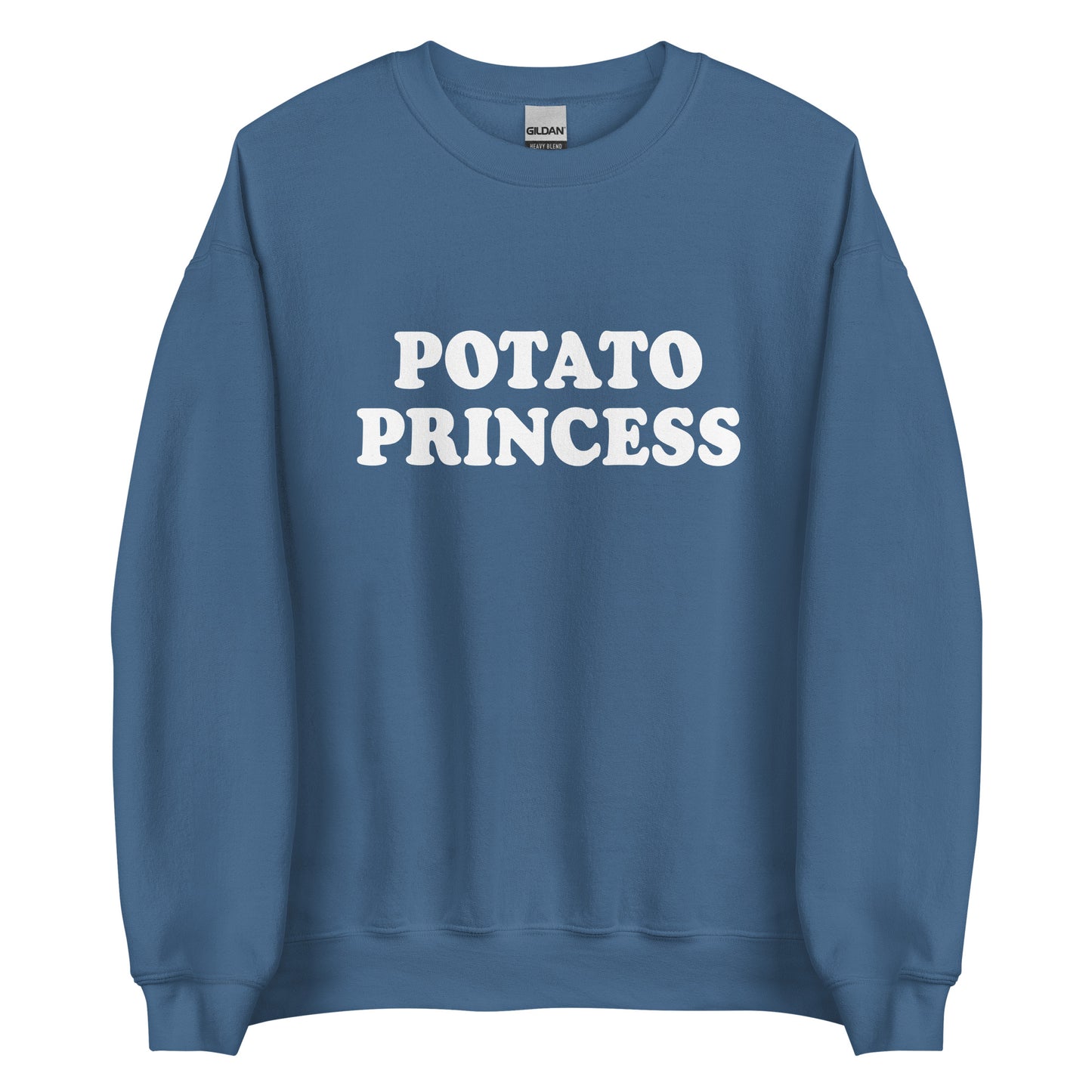 Indigo Blue potato princess crewneck sweatshirt from Nina's Funky Shop by ninanush - Do you love potatoes? Looking for a funny gift for a friend? Our Potato Crewneck Sweatshirt is just what you need. It's a unisex potato sweatshirt with "Potato Princess" on the front. A funny foodie sweatshirt for cozy nights in or stand out potato lover streetwear. This potato enthusiast sweatshirt is bold and made just for you.