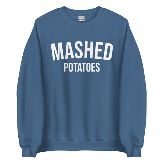 Indigo Blue Mashed Potatoes Crewneck Sweatshirt from Nina's Funky Shop by ninanush - Do you love mashed potatoes? Looking for a funny foodie gift for a friend? Our Mashed Potatoes Crewneck Sweatshirt is soft, comfortable and just what you need. It's a unisex, varsity style, potato lover sweatshirt with "Mashed Potatoes" on the front. Show off your love of mashed potatoes in this funny holiday food sweatshirt.