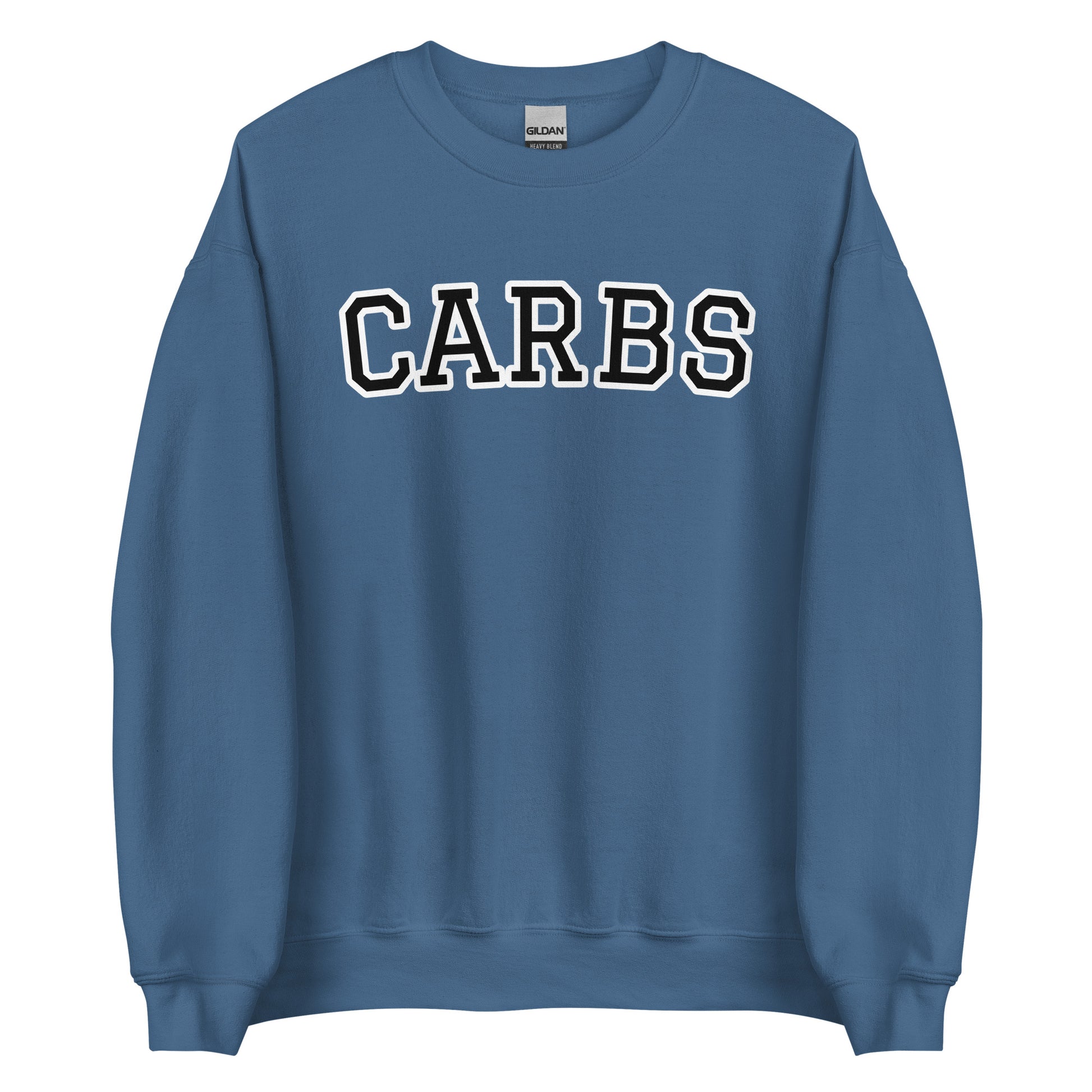 Indigo Blue Carb Sweatshirt from Nina's Funky Shop by ninanush - Do you love carbs? Looking for a funny foodie gift? Our Carbs Crewneck Sweatshirt is soft, comfortable and just what you need. It's a unisex food lover sweatshirt that comes in a variety of colors with "Carbs", expertly printed on the front in bold letters. A funny foodie sweatshirt or quirky streetwear for carb enthusiasts.