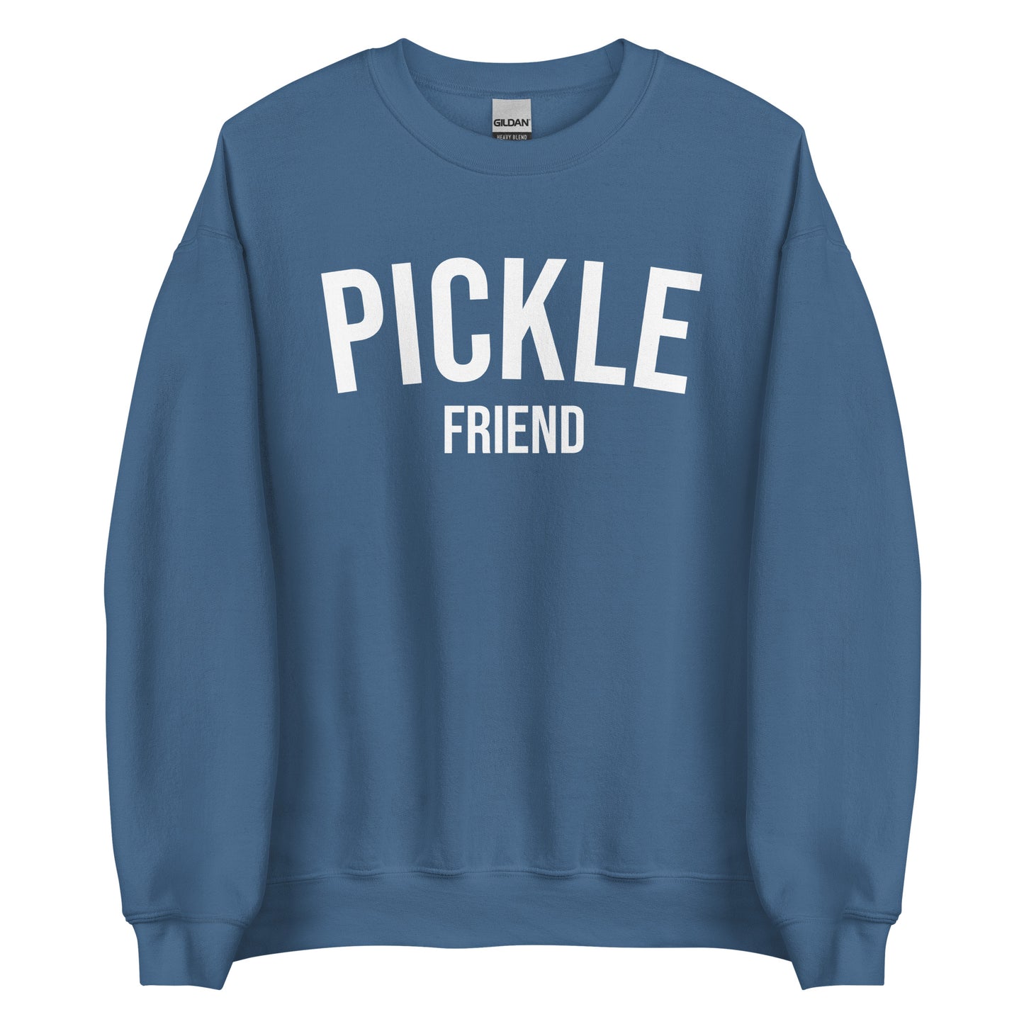 Indigo Blue Pickle Friend Sweatshirt from Nina's Funky Shop by ninanush - Love pickles? Looking for a funny pickle gift? Our Pickle Friend Crewneck Sweatshirt is just what you need. It's a unisex pickle sweatshirt with "Pickle Friend" on the front. A funny foodie sweatshirt or quirky streetwear for pickle lovers. This varsity style pickle sweatshirt is designed by Nina and made just for you.