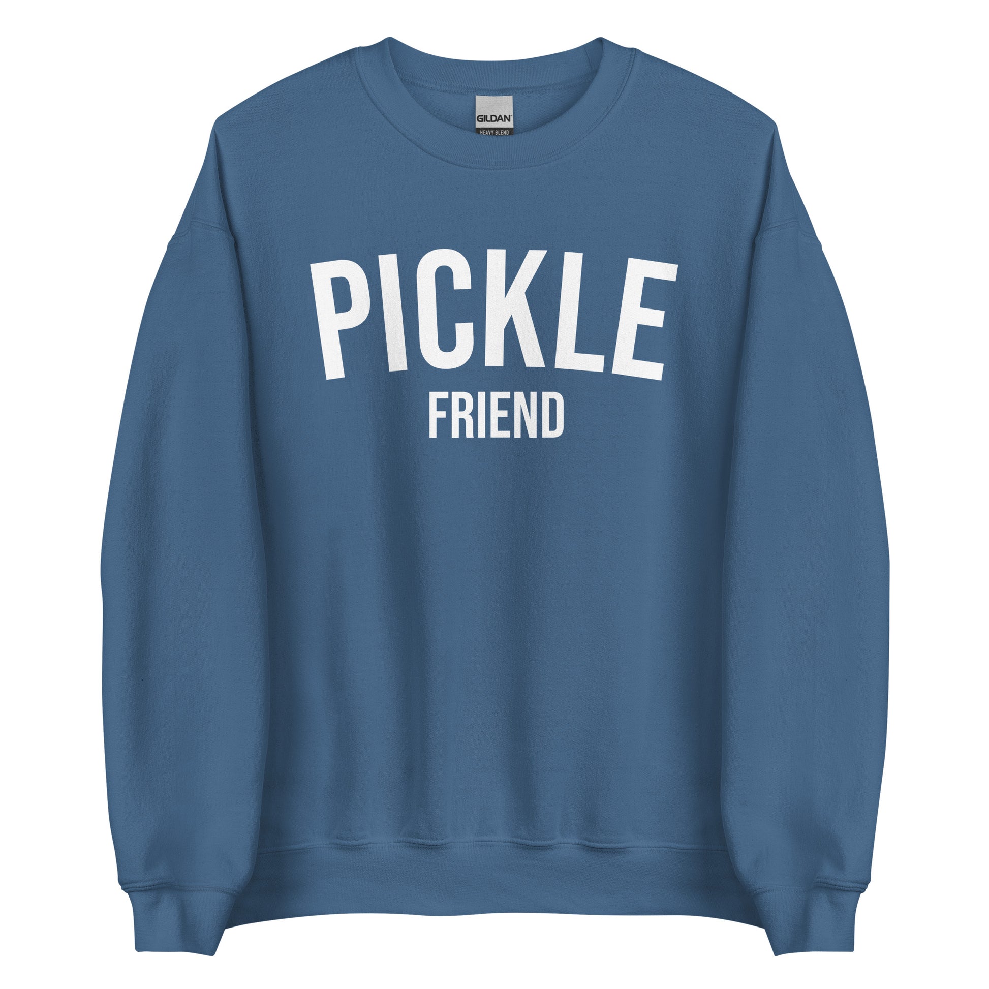 Indigo Blue Pickle Friend Sweatshirt from Nina's Funky Shop by ninanush - Love pickles? Looking for a funny pickle gift? Our Pickle Friend Crewneck Sweatshirt is just what you need. It's a unisex pickle sweatshirt with "Pickle Friend" on the front. A funny foodie sweatshirt or quirky streetwear for pickle lovers. This varsity style pickle sweatshirt is designed by Nina and made just for you.