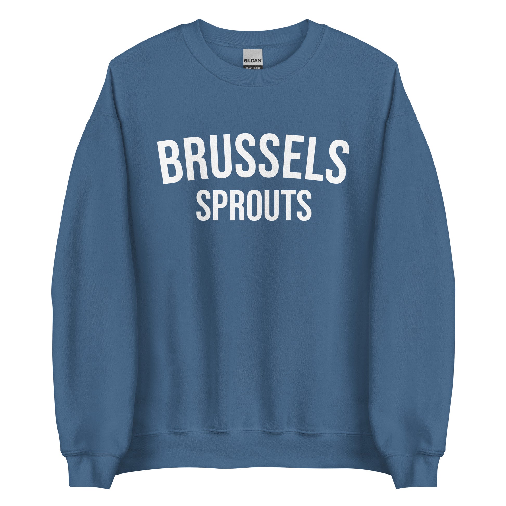 Indigo Blue Brussels Sprouts Sweatshirt from Nina's Funky Shop by ninanush - Do you love Brussels sprouts? Looking for a funny foodie gift? Our Brussels Sprouts Crewneck Sweatshirt is just what you need. It's a unisex unique sweatshirt with "Brussels Sprouts" on the front. A funny foodie sweatshirt for Brussels Sprouts enthusiasts. This varsity style pickle sweatshirt is designed by Nina.