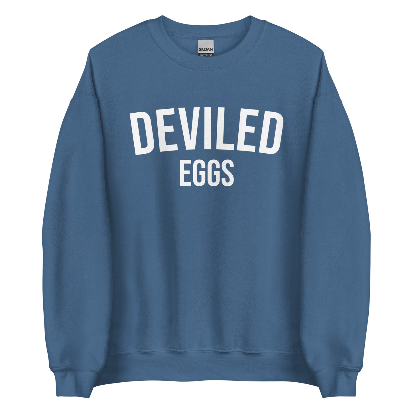 Indigo Blue Deviled Eggs Sweatshirt from Nina's Funky Shop by ninanush - Do you love deviled eggs? Looking for a funny gift for a friend? Our Deviled Eggs Crewneck Sweatshirt is just what you need. It's a unisex weird foodie sweatshirt with "deviled eggs" on the front. A funny foodie sweatshirt for deviled egg lovers. This funny varsity style sweatshirt is designed by Nina.