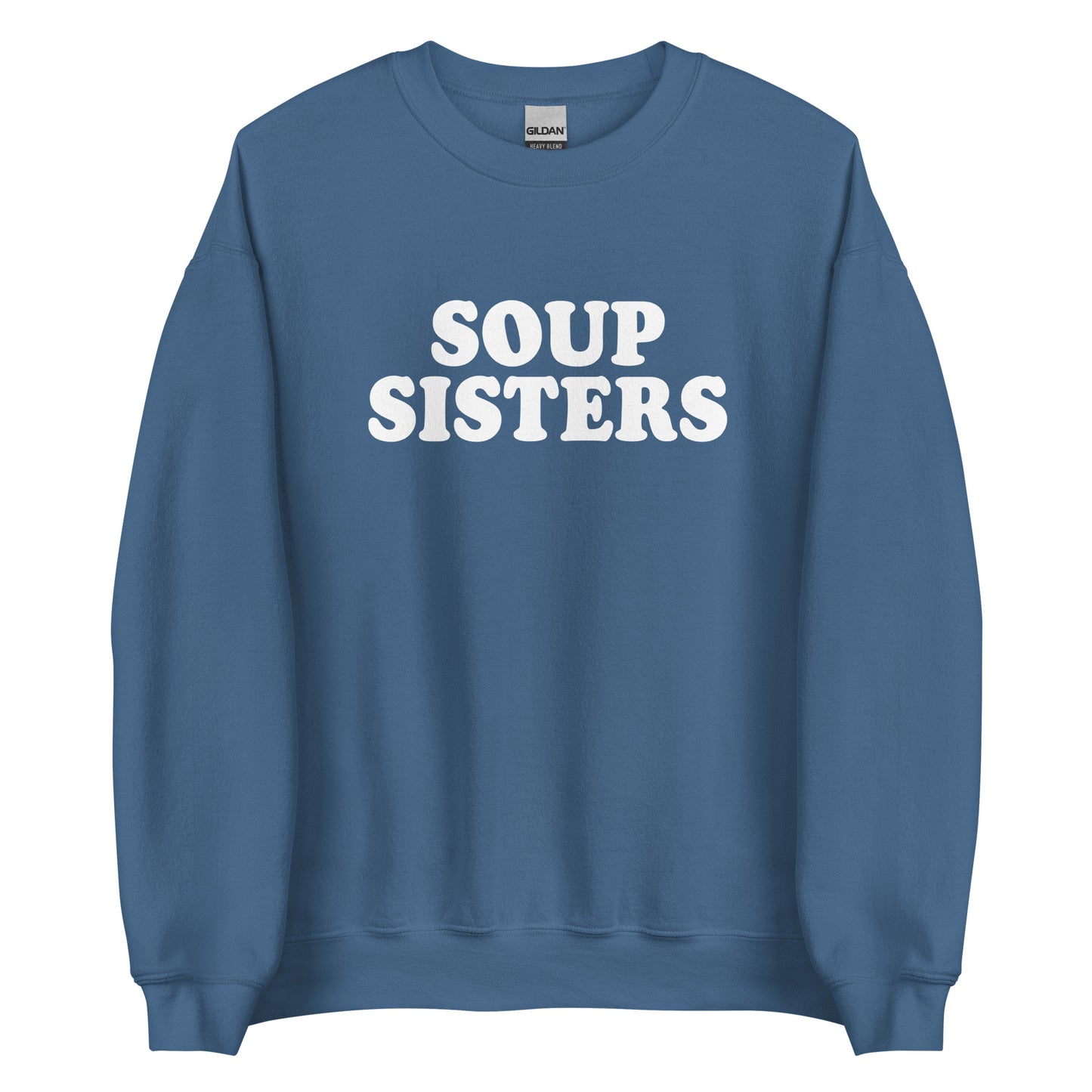 Indigo Blue Soup Sisters Sweatshirt from Nina's Funky Shop by ninanush - Do you love soup? Looking for a funny gift for your sister? Our Soup Sisters Crewneck Sweatshirt is just what you need. It's a unisex funny sisters sweatshirt with "soup sisters" on the front. A funny foodie sweatshirt for soup enthusiasts and foodie gift for sisters. This varsity style sweatshirt is designed by Nina, just for you.