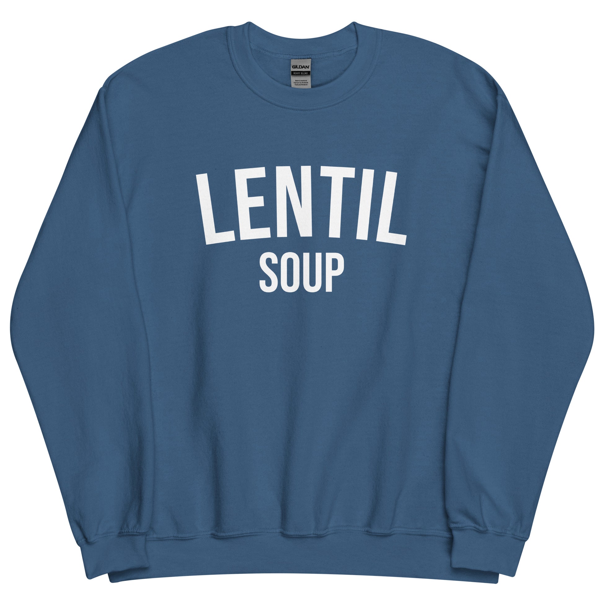 Indigo Blue Lentil Soup Sweatshirt from Nina's Funky Shop by ninanush - Do you love lentil soup? Looking for a funny gift? Our Lentil Soup Crewneck Sweatshirt is just what you need. It's a unisex soup lover sweatshirt with "lentil soup" on the front. A funny foodie sweatshirt for soup enthusiasts and a quirky sweatshirt foodies of all kinds. This varsity style sweatshirt is designed by Nina and made just for you.