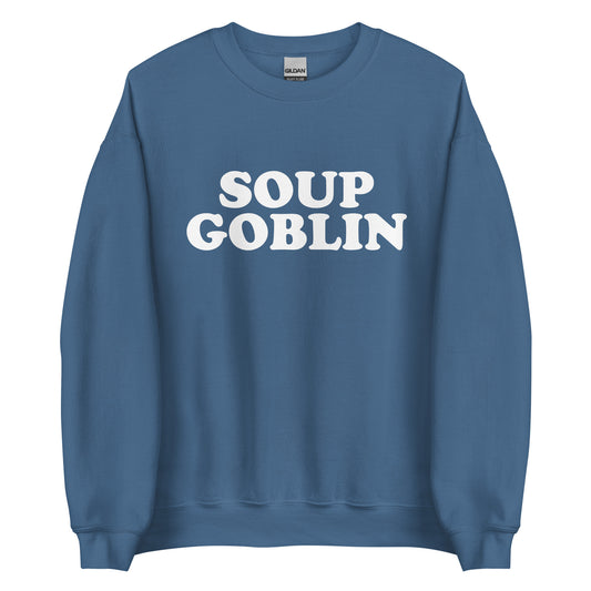 Indigo Blue Soup Goblin Sweatshirt from Nina's Funky Shop by ninanush - Are you a soup goblin? Looking for a funny foodie gift? Our Soup Goblin Crewneck Sweatshirt is soft, comfortable and just what you need. It's a unisex soup sweatshirt with "soup goblin", expertly printed on the front. A funny foodie sweatshirt for soup enthusiasts and a quirky sweatshirt for everyday streetwear. 