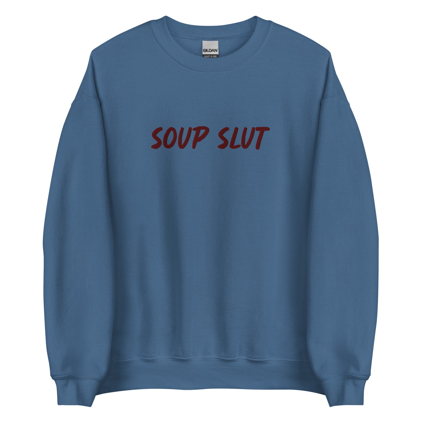 Indigo Blue Embroidered Soup Slut Sweatshirt from Nina's Funky Shop by ninanush - Do you love soup? Looking for a funny gift? Our Soup Slut Embroidered Crewneck Sweatshirt is just what you need. It's a unisex soup sweatshirt with "soup slut" on the front. A funny foodie sweatshirt for cozy nights in or stand out streetwear for soup enthusiasts. This embroidered soup sweatshirt is made just for you.