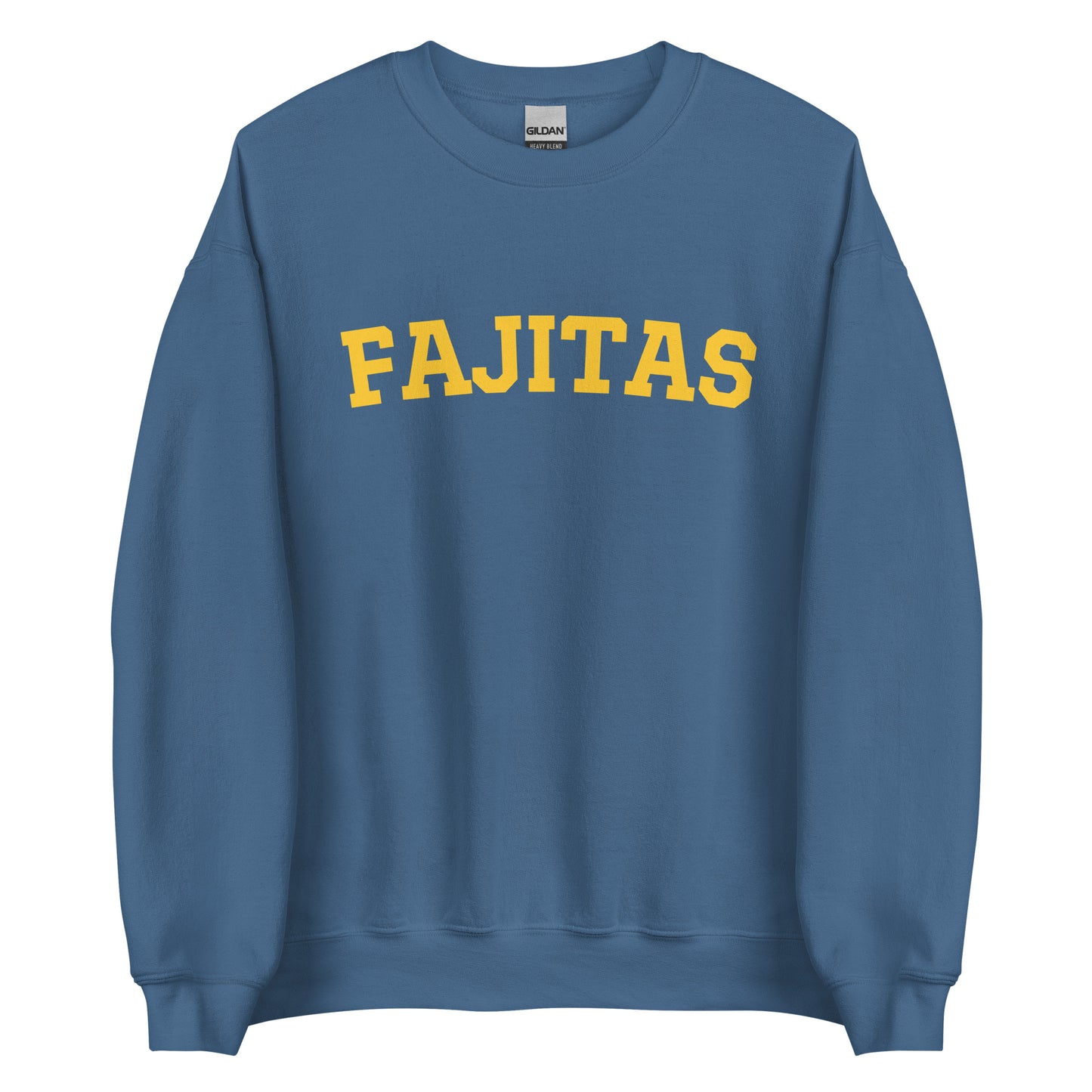 Indigo Blue Fajitas Sweatshirt from Nina's Funky Shop - Love fajitas? Looking for a funny gift? Our Fajitas Crewneck Sweatshirt is soft, comfortable and just what you need for an effortless everyday look. It's a unisex sweatshirt that comes in a variety of colors with "fajitas", expertly printed on the front. The perfect cozy and funny fajita academy sweatshirt for foodies.