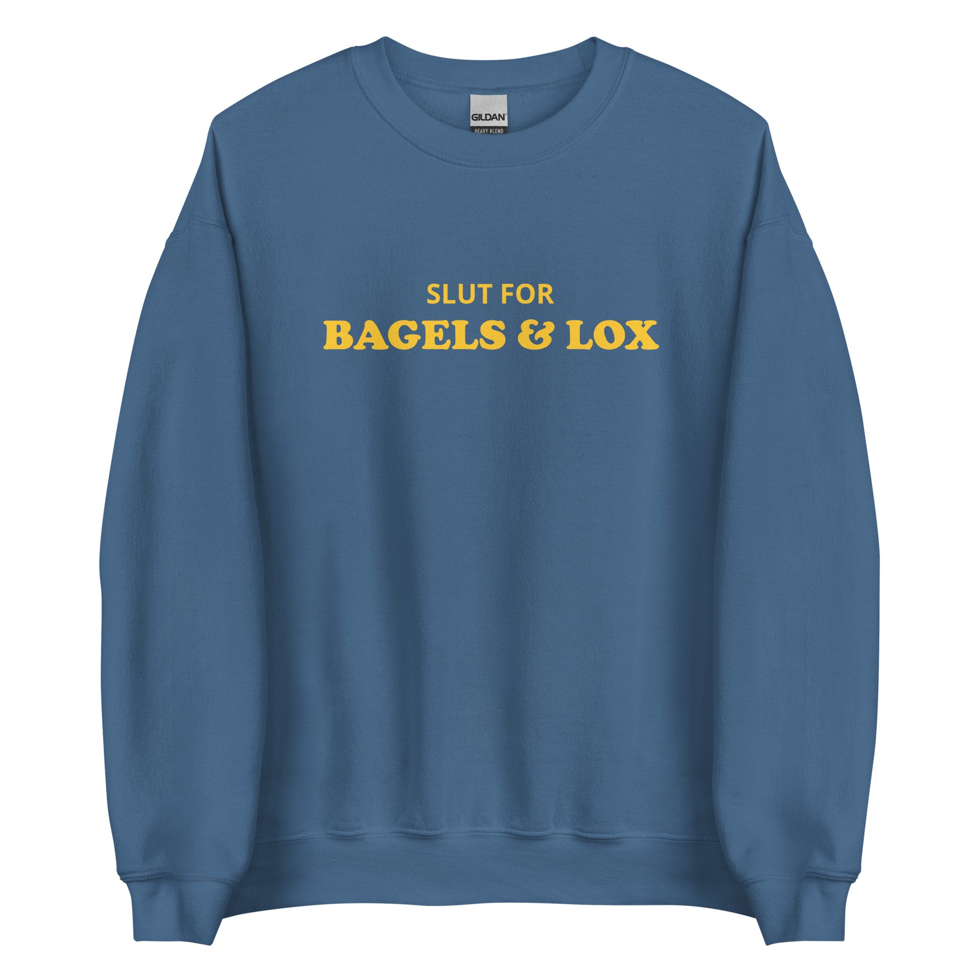 Indigo Blue Bagels and Lox Sweatshirt from Nina's Funky Shop - Love bagels and lox? Looking for a funny gift for a bagel lover? Our Slut For Bagels & Lox Crewneck Sweatshirt is soft, comfortable and just what you need. It's a unisex sweatshirt that comes in a variety of colors with "Slut For Bagels & Lox", expertly printed on the front. The perfect funny bagel sweatshirt for everyday foodies.