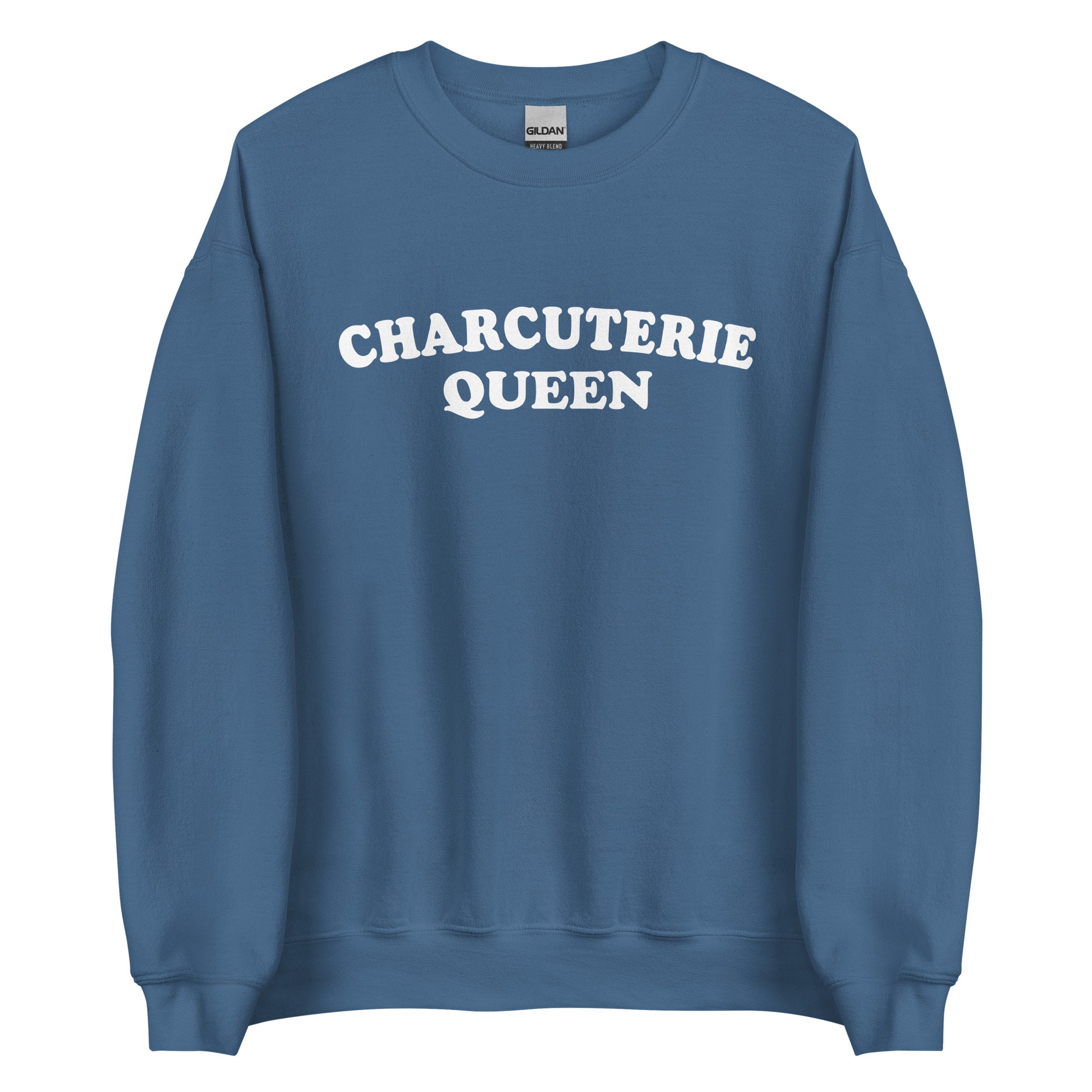 Indigo Blue Charcuterie Queen Crewneck Sweatshirt from Nina's Funky Shop - Love charcuterie? Looking for a funny gift for a charcuterie enthusiast? Our Charcuterie Queen Crewneck Sweatshirt is just what you need. It's a unisex sweatshirt that comes in a variety of colors with "Charcuterie Queen", expertly printed on the front. The perfect funny college style sweatshirt for charcuterie lovers.