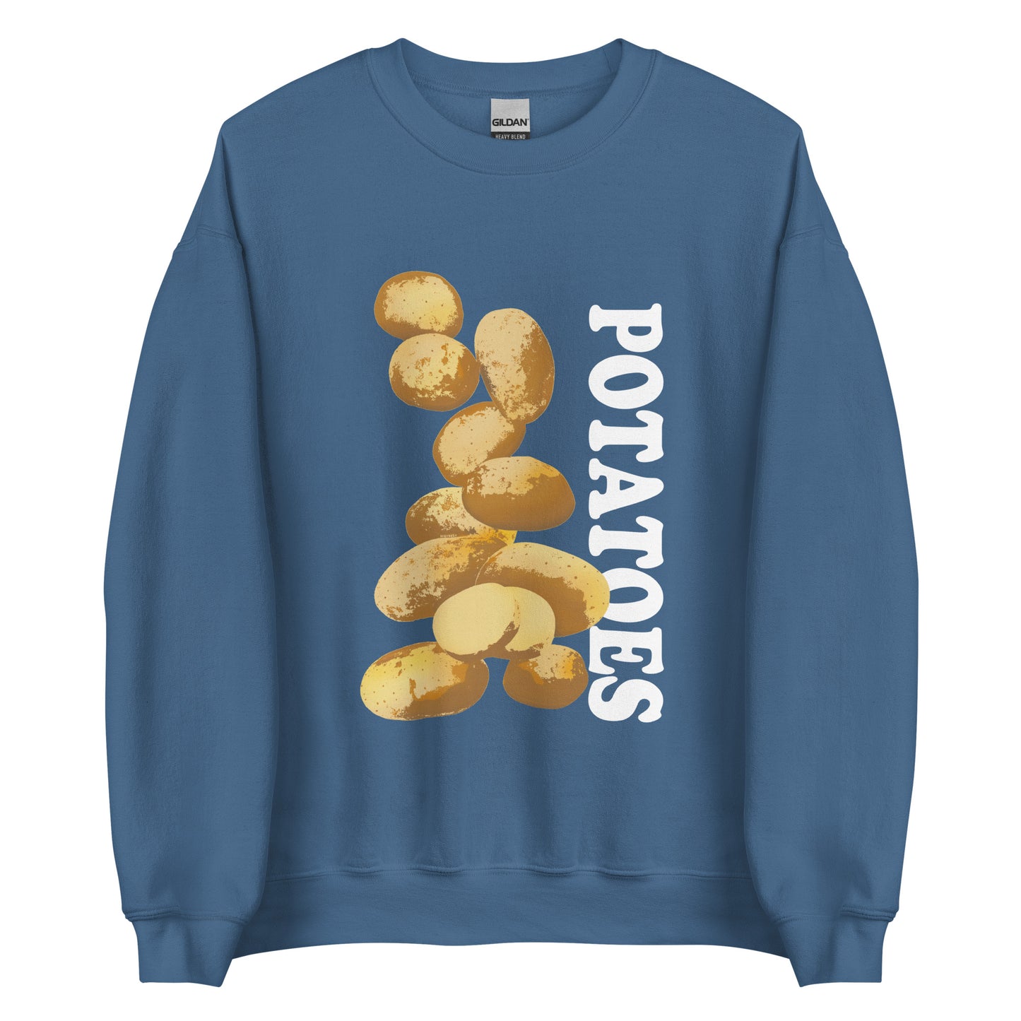 Indigo Blue  sweatshirt with potatoes design - Love Potatoes? Looking for a unique gift for a fellow potato enthusiast? This unisex sweatshirt is warm, super soft and cozy, and made just for you. It comes in a variety of colors with a hand drawn potatoes design by Nina, expertly printed on the front.