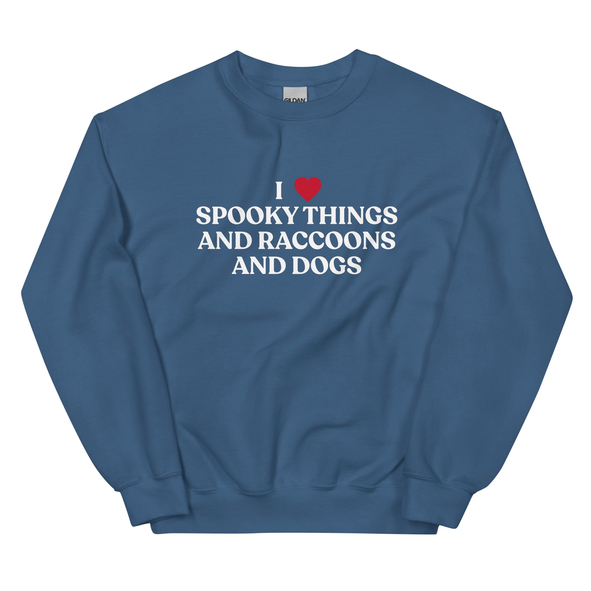 Indigo Blue Halloween Sweatshirt - Our I Heart Spooky Things Raccoons and Dogs Sweatshirt is super soft and cozy. It comes in a variety of colors with a funny spooky season saying, expertly printed on the front. Make a statement in this funny Halloween crewneck sweatshirt.