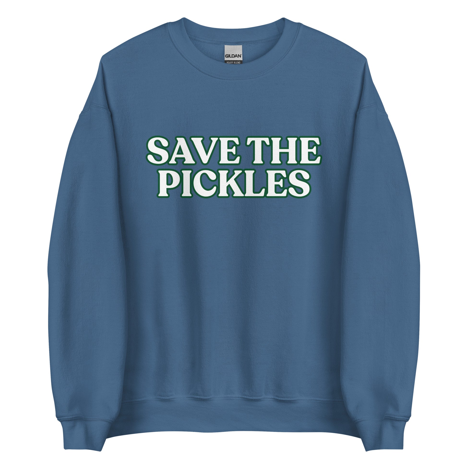 Indigo Blue Save The Pickles Sweatshirt - Love pickles? Looking for a gift for a pickle lover? Our Save The Pickles Crewneck Sweatshirt might be just what you need! It's a soft and cozy sweatshirt with a pickle design, made just for you.