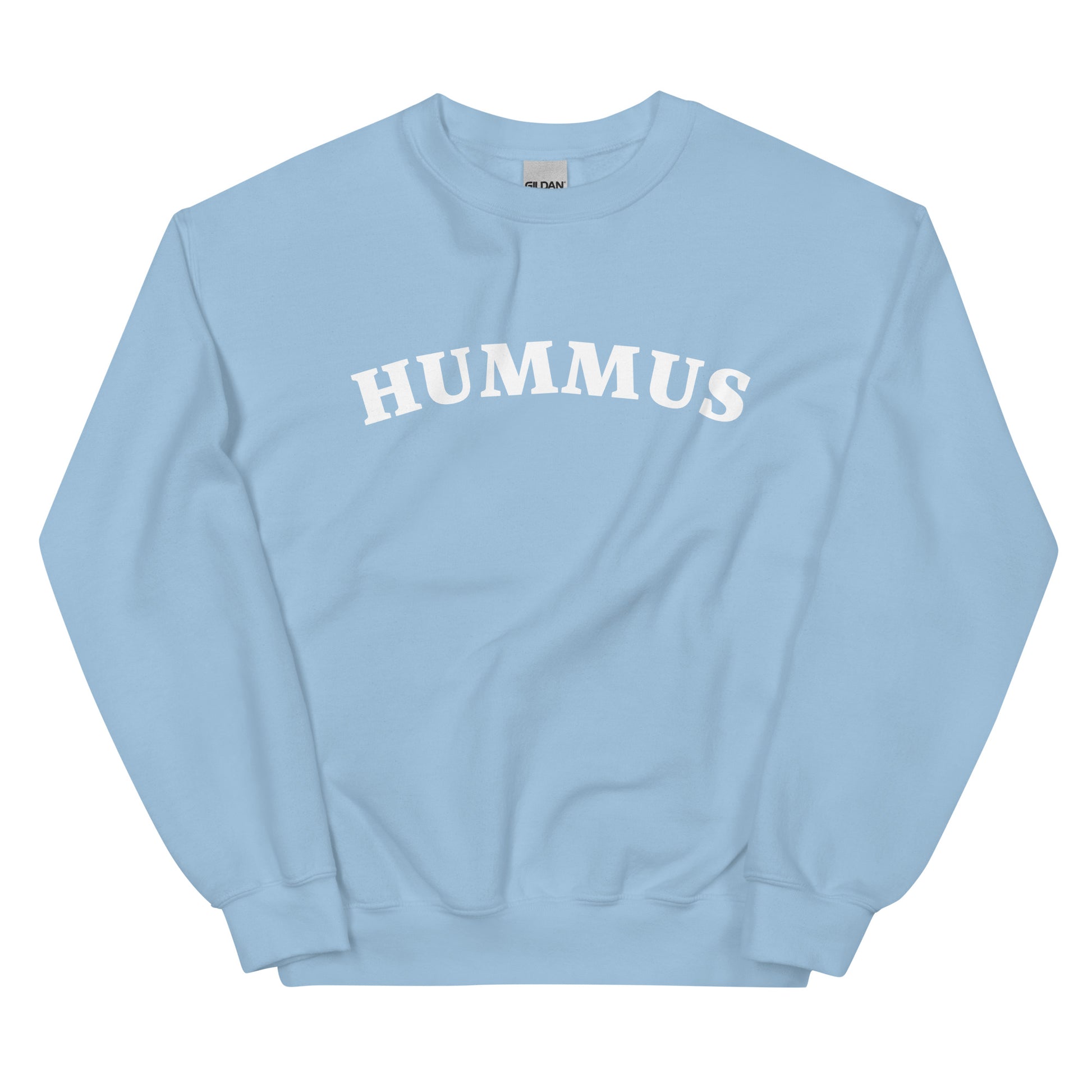 Light blue hummus sweatshirt - A hummus sweatshirt for foodies and chickpea lovers. This unique crew neck sweatshirt is designed for hummus enthusiasts and made just for you. It's a colorful hummus lover sweatshirt that stands out and makes a statement. A funny gift for hummus lovers or a quirky sweatshirt for everyday funny foodie streetwear. 