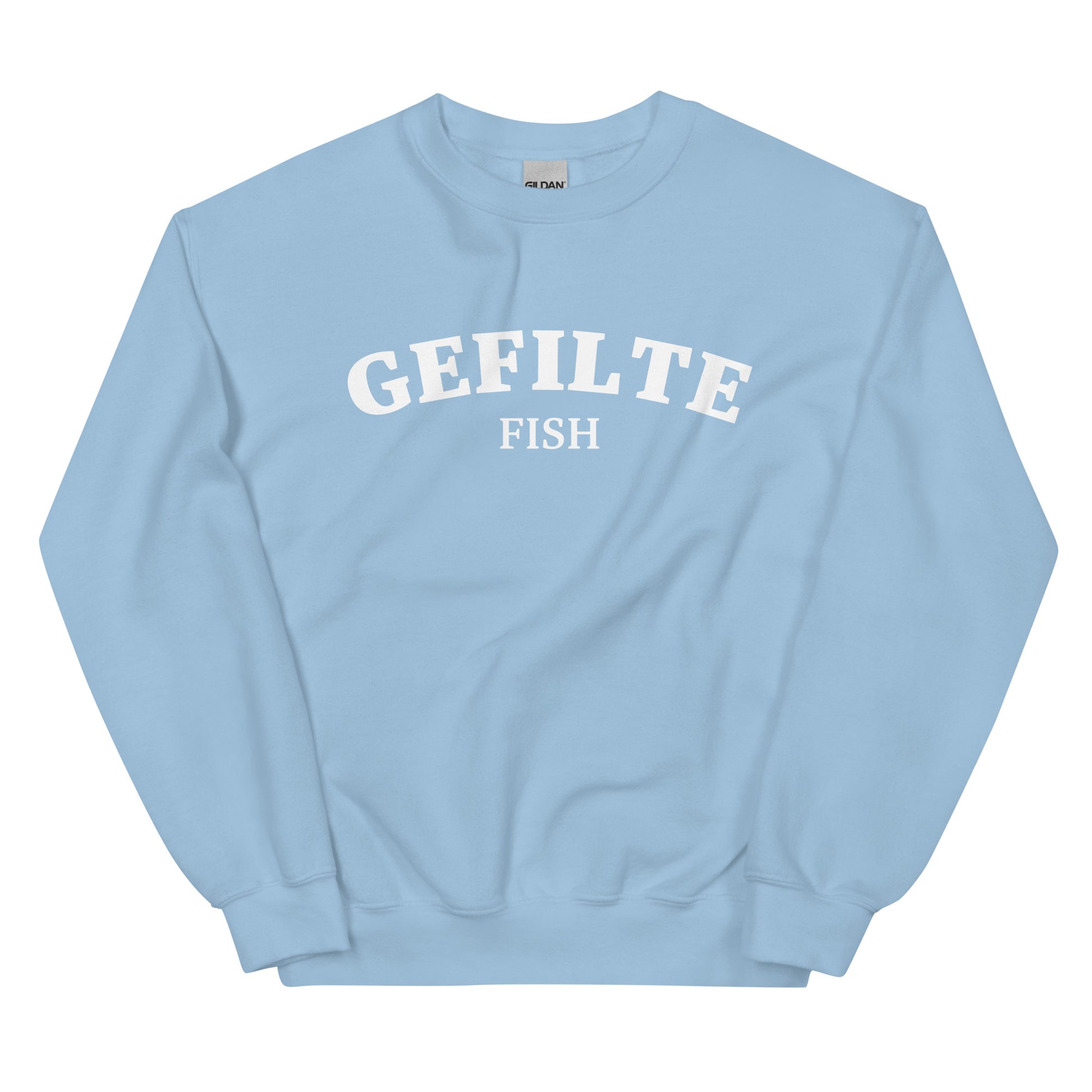 Light blue gefilte fish sweatshirt unisex - Make a statement in this gefilte fish sweatshirt. It's a funny Jewish food sweatshirt that is soft, comfortable and sure to turn heads. Eat gefilte fish in style in this unusual foodie crew neck sweatshirt. What is gefilte fish? Gefilte fish is an Ashkenazi Jewish dish that is often served during celebrations and holidays.