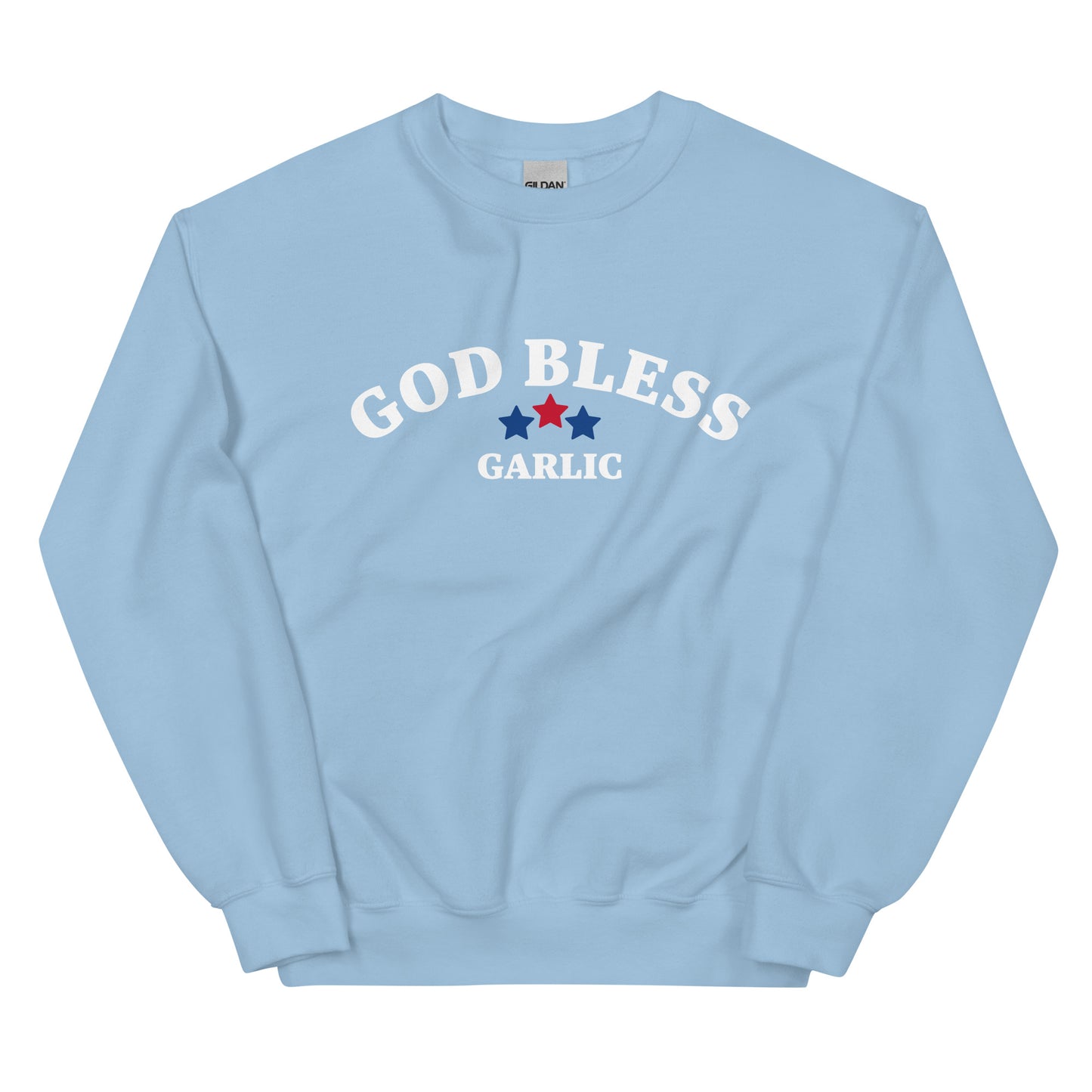 Light blue god bless garlic sweatshirt - This sarcastic foodie sweatshirt is made for garlic enthusiasts! It's a classic crew neck garlic lover sweatshirt with the words "God Bless Garlic" on the front. Designed for food lovers, this funny food sweatshirt is perfect for cozy nights, 4th of July BBQs, or a funny gift for garlic lovers and foodies of all kinds.