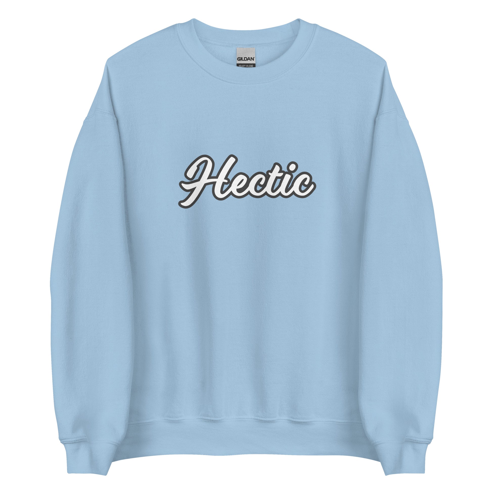 Light blue hectic sweatshirt from Nina's Funky Shop by ninanush - Hectic ✨ This hectic sweatshirt is a classic crew neck sweatshirt that's soft and comfortable. Perfect for cozy nights, unique streetwear or a funny gift for a chaotic friend, this funny sweatshirt is a must-have. Stay weird and live your best life in this hectic sweatshirt, designed by Nina and made just for you.