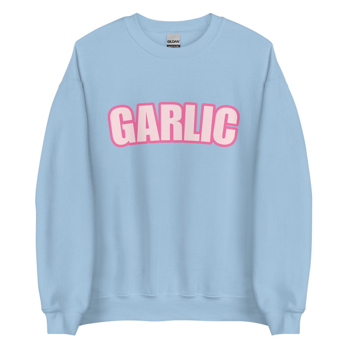 Light Blue Garlic Sweatshirt from Nina's Funky Shop by ninanush - Our Pink Garlic Sweatshirt is a perfect funny foodie sweatshirt for garlic lovers. It's a unisex, crew neck sweatshirt with the word "Garlic", expertly printed on the front. Perfect for cozy nights in or stand out streetwear for foodies, this garlic enthusiast sweatshirt is designed by Nina and made just for you.