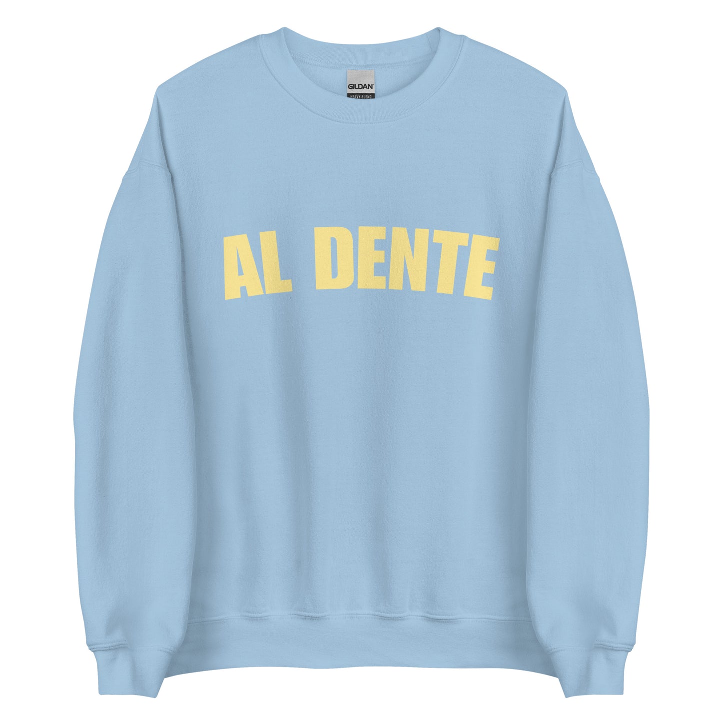 Light Blue Al Dente Sweatshirt from Nina's Funky Shop by ninanush - Our Al Dente Sweatshirt is soft, comfortable and a funny Italian cooking sweatshirt for foodies. It's a unisex, crew neck sweatshirt that comes in a variety of colors with the "Al Dente", expertly printed on the front. Perfect for cozy nights in or stand out streetwear for foodies. An Al Dente sweatshirt, made just for you.