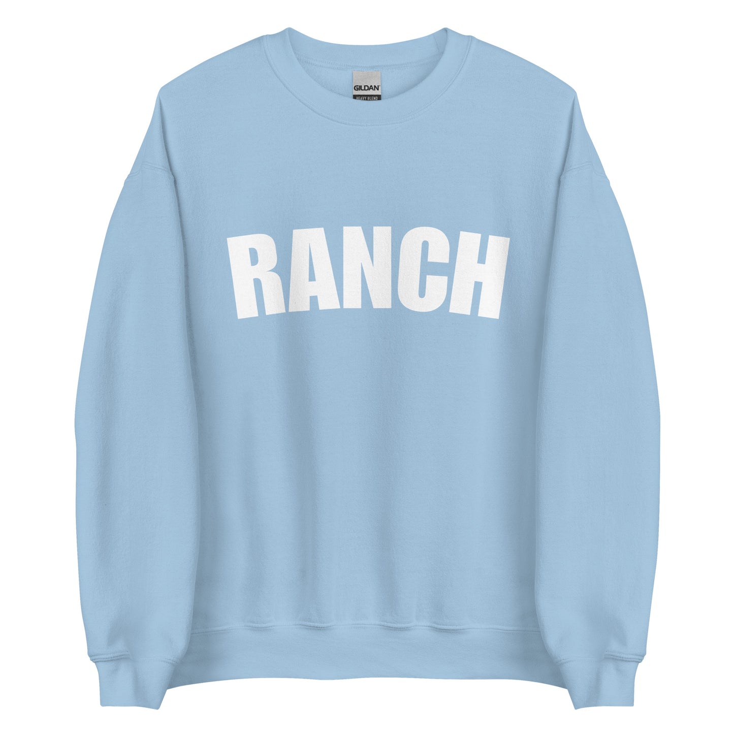 Light Blue Ranch Sweatshirt from Nina's Funky Shop by ninanush - Do you love ranch? This funny foodie sweatshirt for ranch lovers was made just for you. It's a unisex, crew neck sweatshirt with the word "Ranch", expertly printed on the front. Perfect for cozy nights in or colorful and bold stand out streetwear for foodies, this ranch enthusiast sweatshirt is designed by Nina.