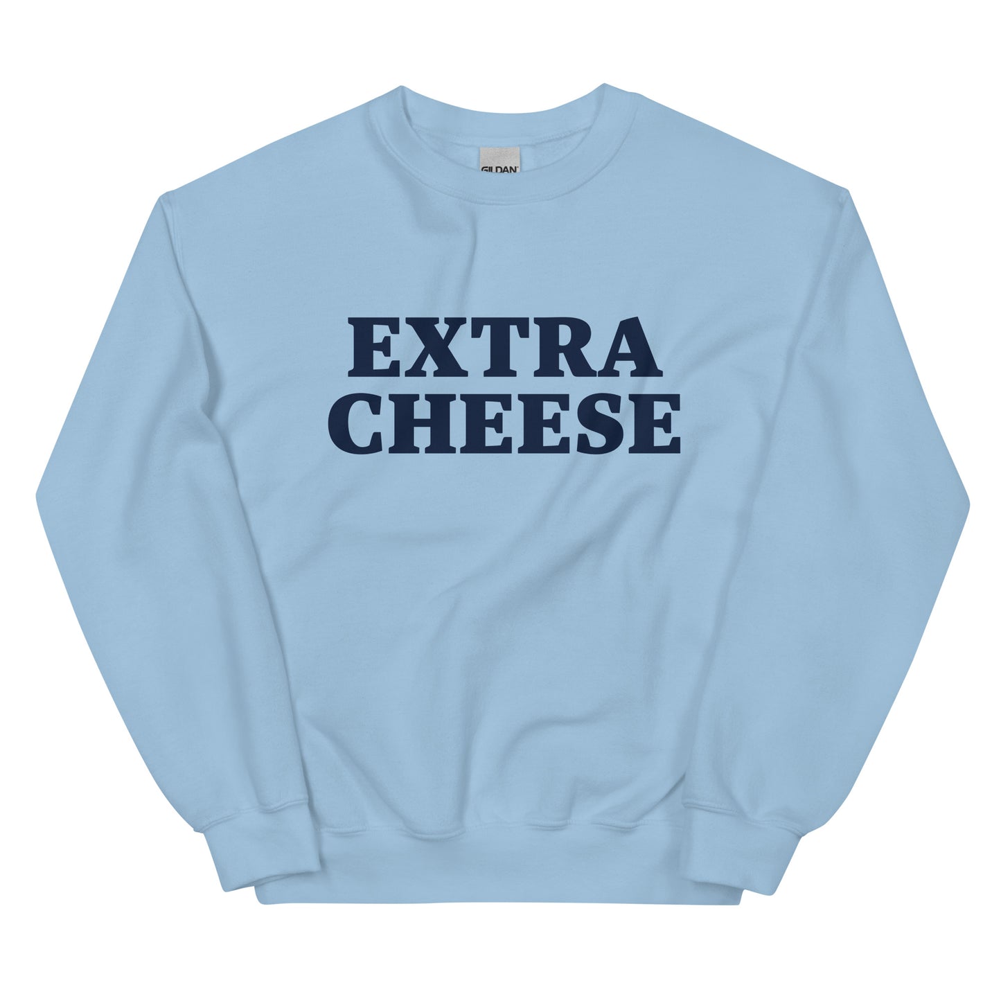 Light Blue Extra Cheese Sweatshirt from Nina's Funky Shop by ninanush - Love cheese? Want more? Make your priorities known in this Extra Cheese Sweatshirt. It's a funny foodie sweatshirt for cheese lovers. This unisex, crew neck sweatshirt comes in a variety of colors with "cheese", on the front. This college-style cheese enthusiast sweatshirt is designed by Nina and made just for you.