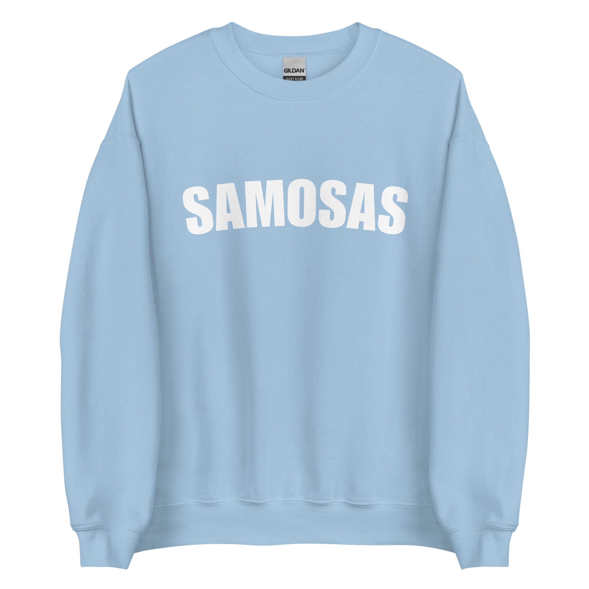 Light Blue Samosa Sweatshirt from Nina's Funky Shop by ninanush - Love samosas? Looking for a fun foodie gift? Our Samosa Sweatshirt is just what you need. Perfect for Indian cuisine lovers and foodies of all kinds, this sweatshirt has "Samosa", expertly printed on the front. A crewneck college-style foodie sweatshirt for Indian food enthusiasts and samosa lovers like you.