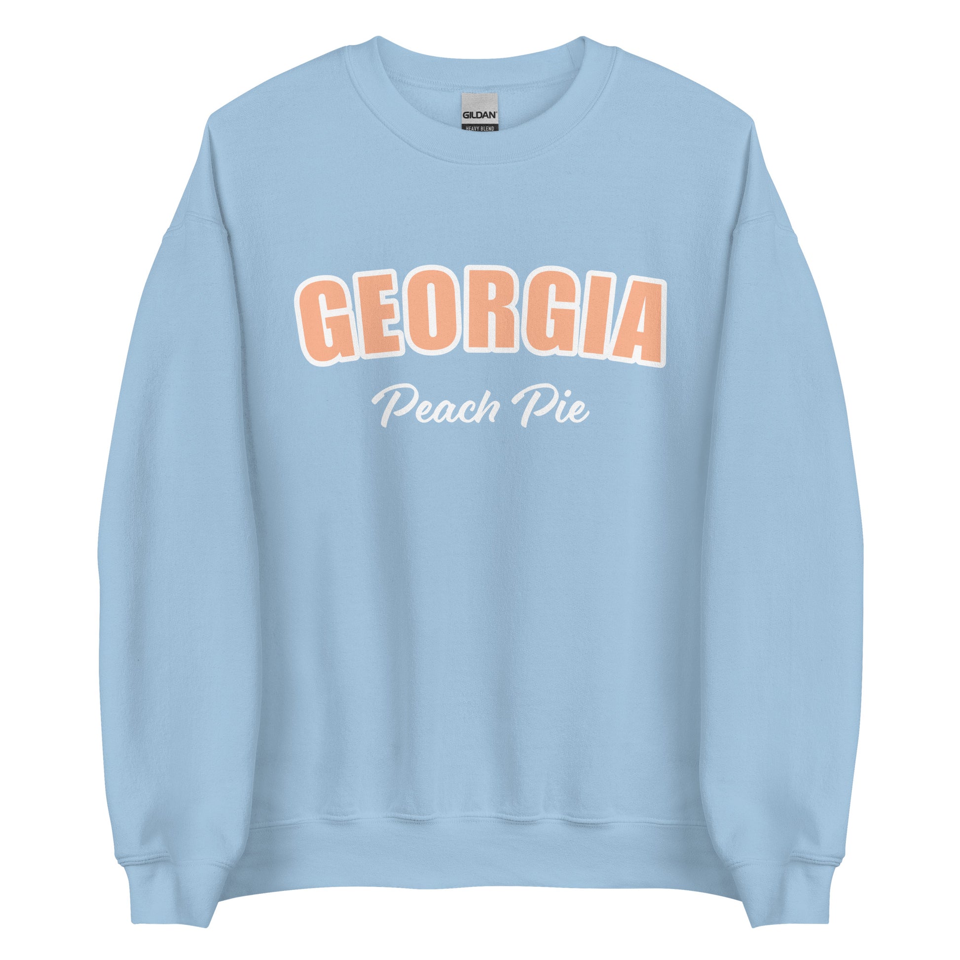 Light Blue Georgia Peach Pie Sweatshirt from Nina's Funky Shop by ninanush - Do you love peach pie? Our Georgia Peach Pie Sweatshirt is just what you need. It's a funny foodie sweatshirt for peach pie lovers like you. This unisex, crew neck sweatshirt comes in a variety of colors with the words "Georgia Peach Pie", expertly printed on the front. The perfect Sweatshirt for peach pie enthusiasts.