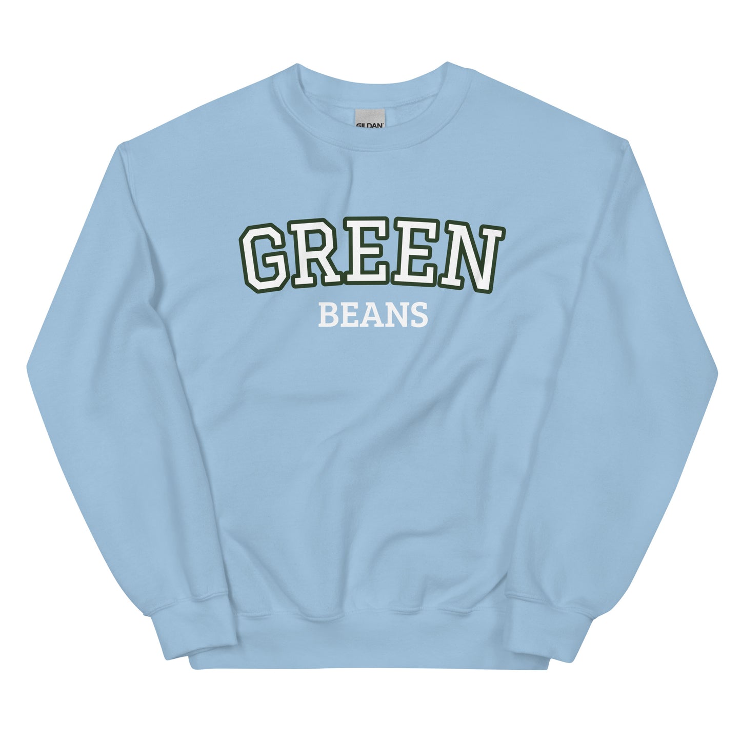 Light Blue Green Beans Sweatshirt from Nina's Funky Shop by ninanush - Love green beans? Looking for a funny food gift? Our Green Beans Sweatshirt is just what you need. It's a unisex, varsity crew neck sweatshirt with "Green Beans" on the front. A perfect funny foodie sweatshirt for cozy nights in or funky streetwear, this veggie enthusiast sweatshirt is designed by Nina, just for you.