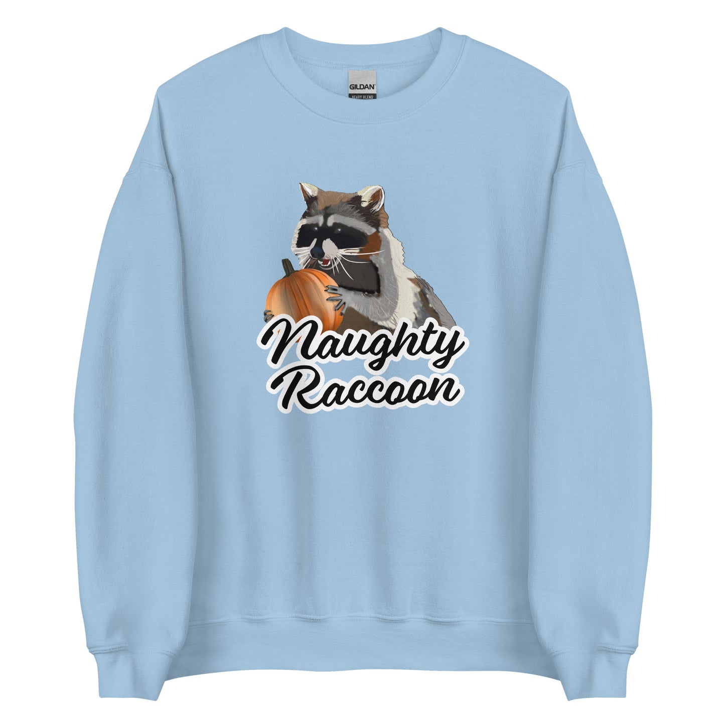 Light Blue Naughty Raccoon Pumpkin Sweatshirt from Nina's Funky Shop by ninanush - Love raccoons? Looking for a fun raccoon lover gift? Our Naughty Raccoon Sweatshirt is soft, comfortable and just what you need. It's a unisex, crew neck sweatshirt with a raccoon holding a pumpkin and "Naughty Raccoon", expertly printed on the front. Stand out this spooky season in our funny Raccoon Sweatshirts.