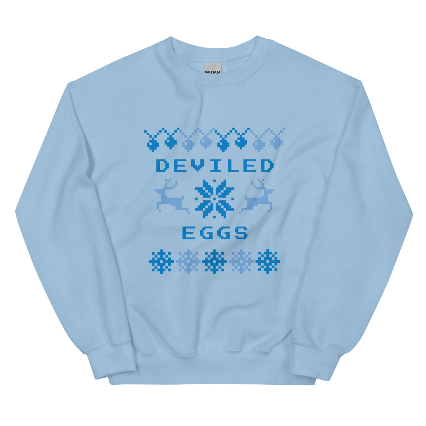 Light Blue Deviled Eggs Christmas Sweatshirt from Nina's Funky Shop by ninanush - Do you love deviled eggs? Looking for a funny Christmas sweatshirt? Our Slut Deviled Eggs Christmas Crew Neck Sweatshirt is soft, comfortable and just what you need. It's a unisex holiday sweatshirt with "Deviled Eggs" and a Christmas pattern. A funny Christmas sweatshirt for a holiday party or a cozy night in.