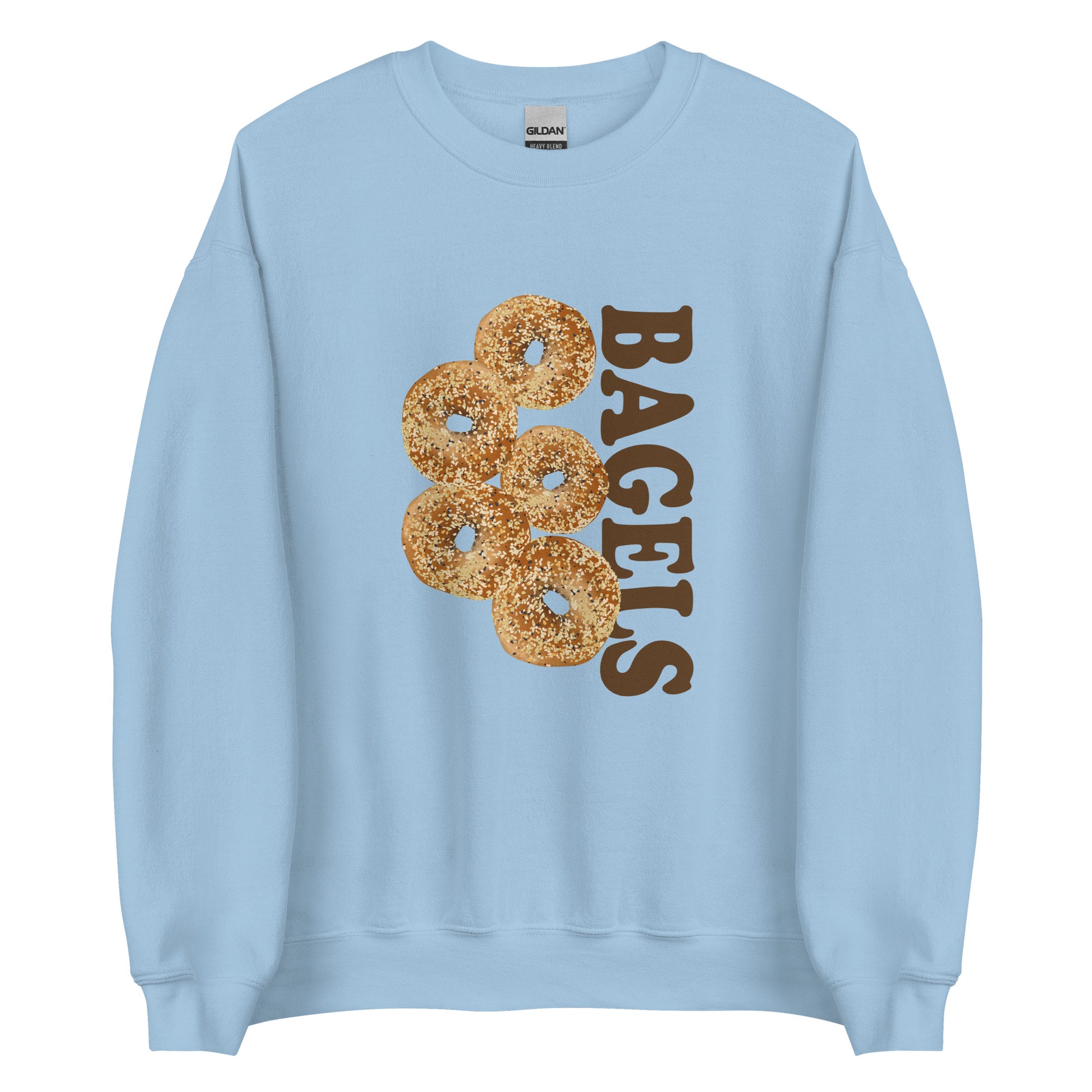 Light Blue Everything Bagels Sweatshirt from Nina's Funky Shop by ninanush - Do you love bagels? Looking for a funny gift? Our Bagels Crew Neck Sweatshirt is soft, comfortable and just what you need. It's a unisex foodie sweatshirt that comes in a variety of colors with everything bagels, expertly printed on the front. A funny foodie sweatshirt for cozy nights in or statement bagel lover streetwear.