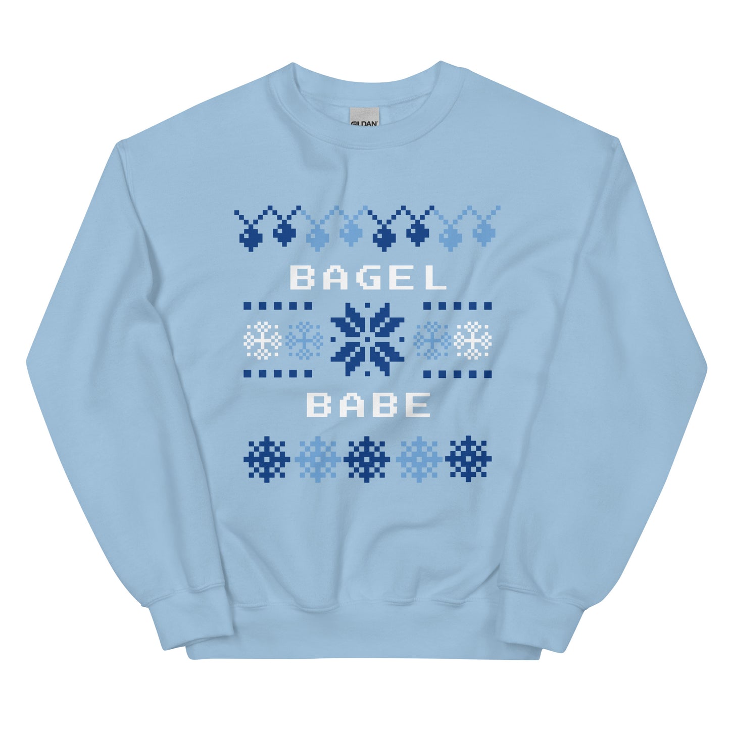 Light Blue Holiday Sweatshirt from Nina's Funky Shop by ninanush - Do you love bagels? Looking for a funny gift? Our Bagel Babe Crew Neck Sweatshirt is soft, comfortable and just what you need. It's a unisex bagel lover sweatshirt with a blue and white holiday design, expertly printed on the front. A funny foodie sweatshirt for cozy nights in or a stand out holiday party sweatshirt.