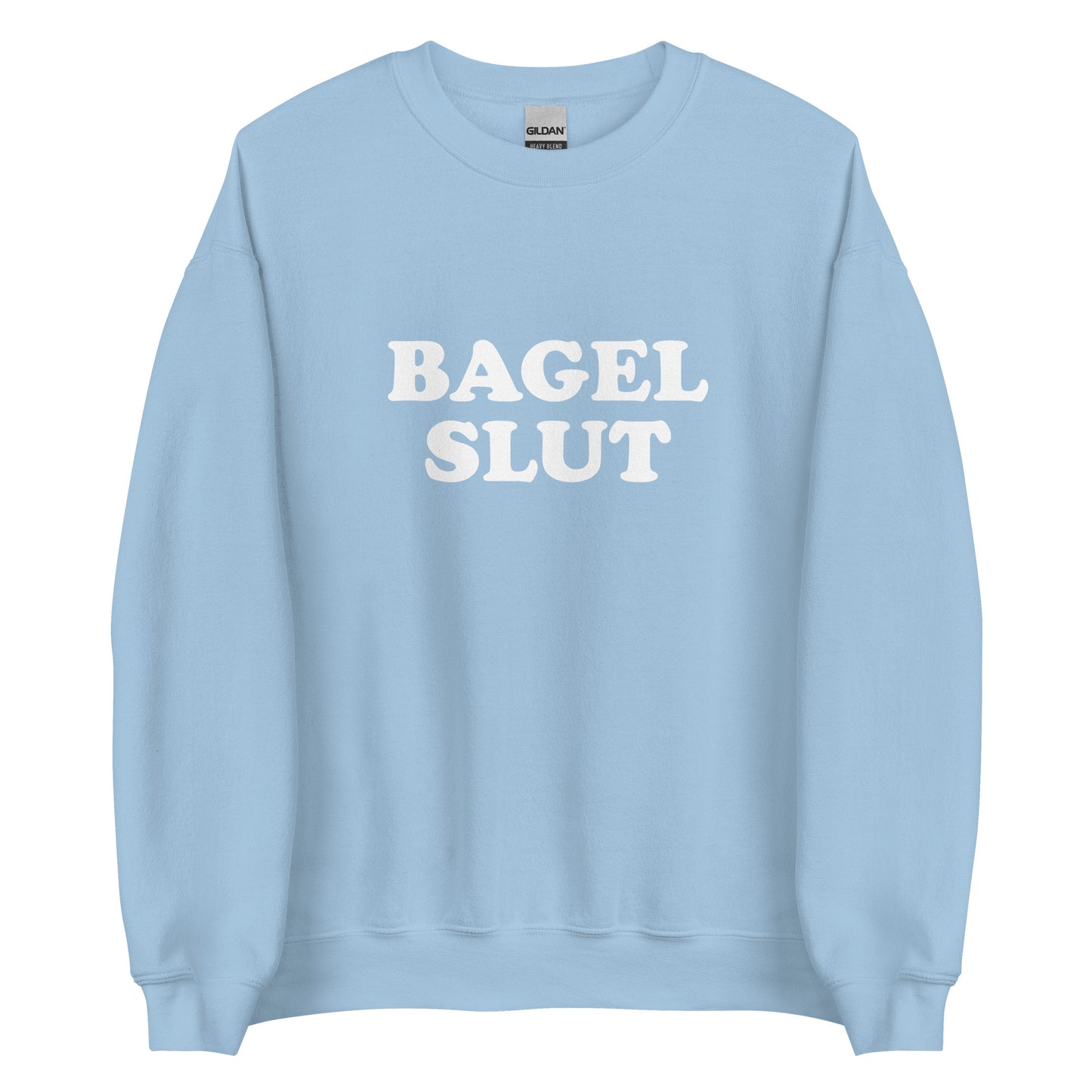 Light Blue Bagel Slut Sweatshirt from Nina's Funky Shop by ninanush - Do you love bagels? Looking for a funny gift? Our Bagel Slut Crewneck Sweatshirt is soft, comfortable and just what you need. It's a unisex sweatshirt that comes in a variety of colors with "Bagel Slut", expertly printed on the front. A unique and funny sweatshirt for cozy nights in or stand out bagel lover streetwear.