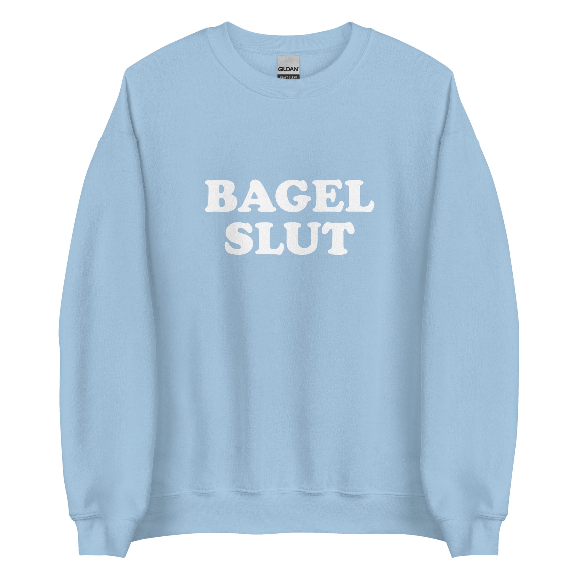 Light Blue Bagel Slut Sweatshirt from Nina's Funky Shop by ninanush - Do you love bagels? Looking for a funny gift? Our Bagel Slut Crewneck Sweatshirt is soft, comfortable and just what you need. It's a unisex sweatshirt that comes in a variety of colors with "Bagel Slut", expertly printed on the front. A unique and funny sweatshirt for cozy nights in or stand out bagel lover streetwear.