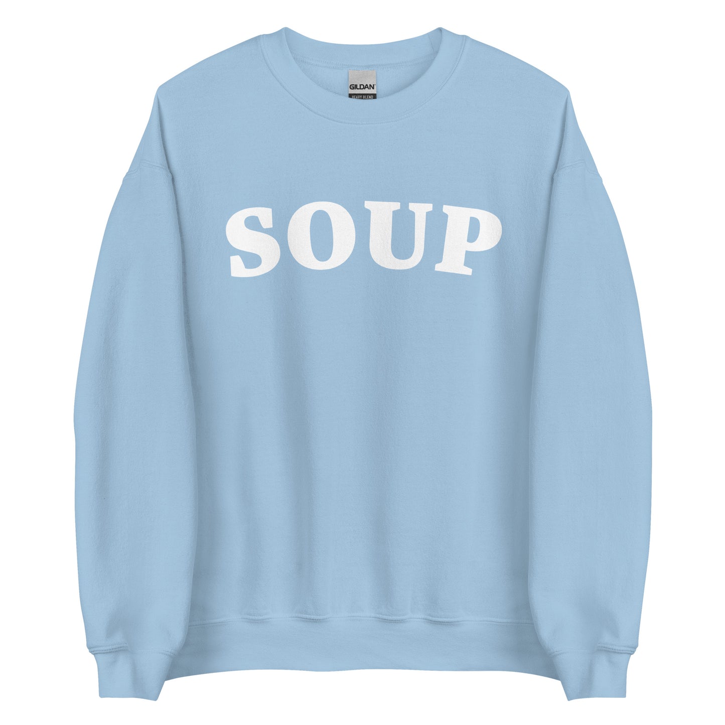 Light Blue Soup Crewneck Sweatshirt from Nina's Funky Shop by ninanush - Do you love soup? Looking for a funny gift? Our Soup Crewneck Sweatshirt is soft, comfortable and just what you need. It's a unisex foodie sweatshirt that comes in a variety of colors with "Soup", expertly printed in bold letters on the front. Eat your favorite soup in this funny varsity style sweatshirt. It's designed by Nina and made just for you.