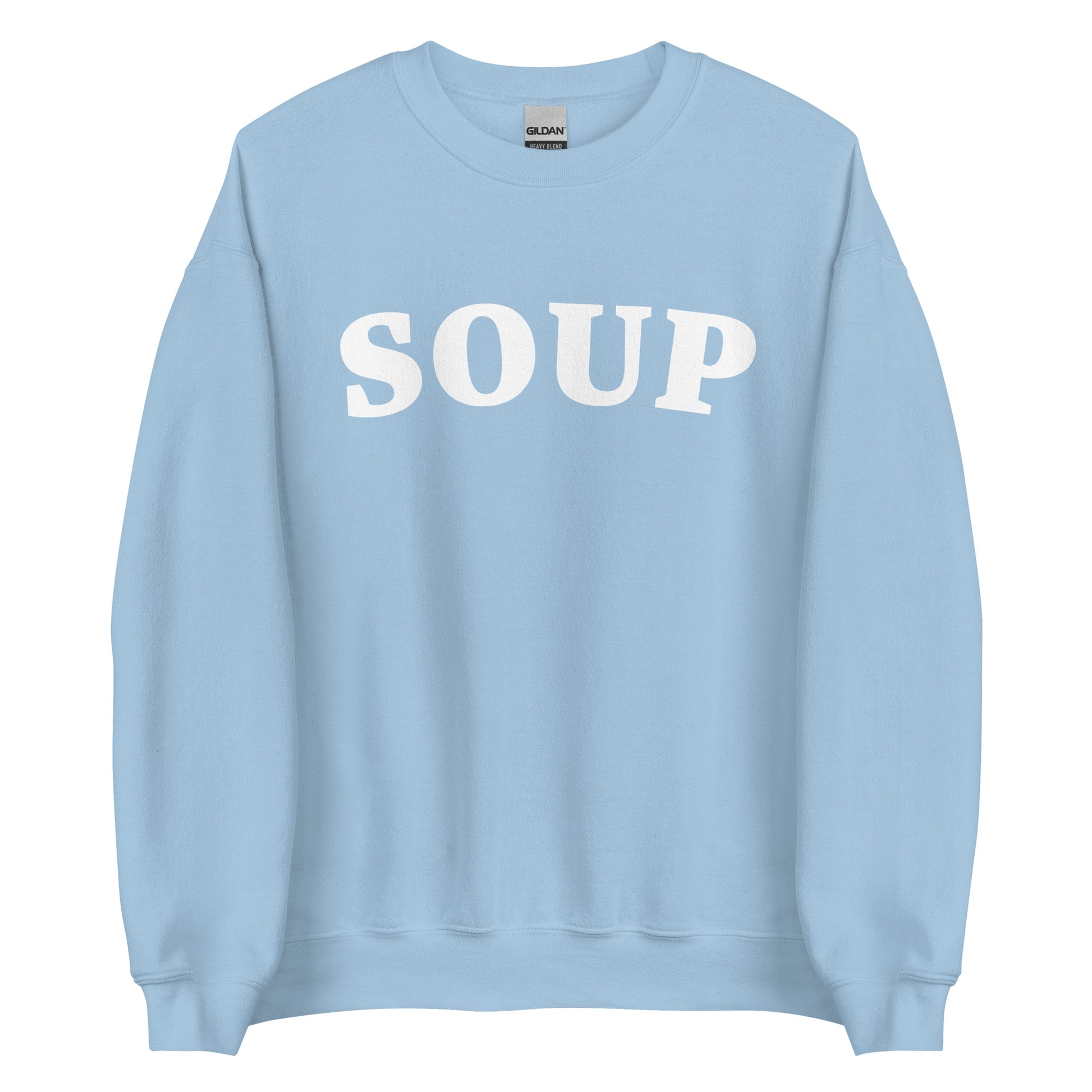 Light Blue Soup Crewneck Sweatshirt from Nina's Funky Shop by ninanush - Do you love soup? Looking for a funny gift? Our Soup Crewneck Sweatshirt is soft, comfortable and just what you need. It's a unisex foodie sweatshirt that comes in a variety of colors with "Soup", expertly printed in bold letters on the front. Eat your favorite soup in this funny varsity style sweatshirt. It's designed by Nina and made just for you.