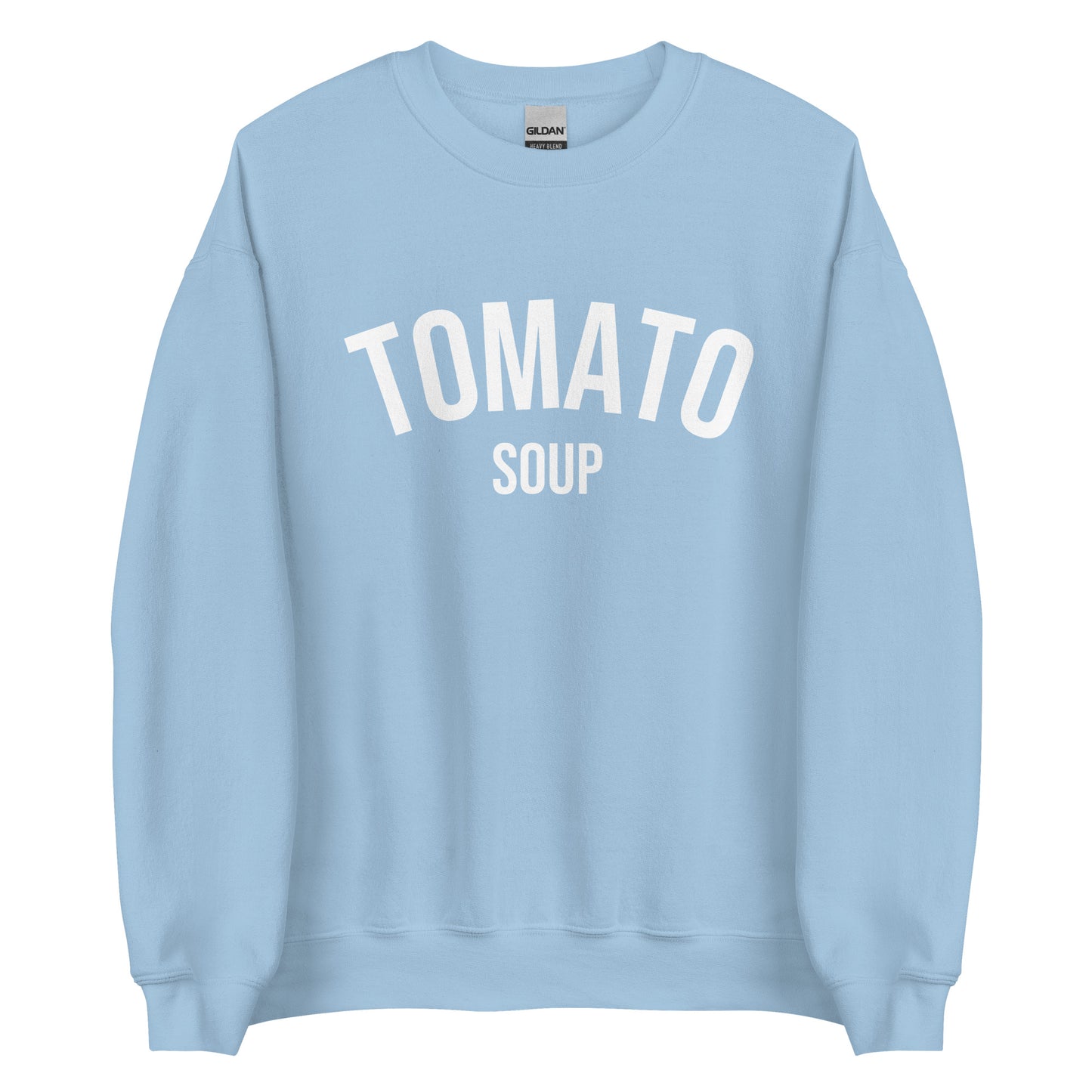 Light Blue Tomato Soup Sweatshirt from Nina's Funky Shop by ninanush - Do you love soup? Looking for a funny gift for a friend? Our Tomato Soup Crewneck Sweatshirt is soft, comfortable and just what you need. It's a unisex soup lover sweatshirt that comes in a variety of colors with "tomato soup", expertly printed on the front. A funny foodie sweatshirt for cozy nights in or stand out funky streetwear.