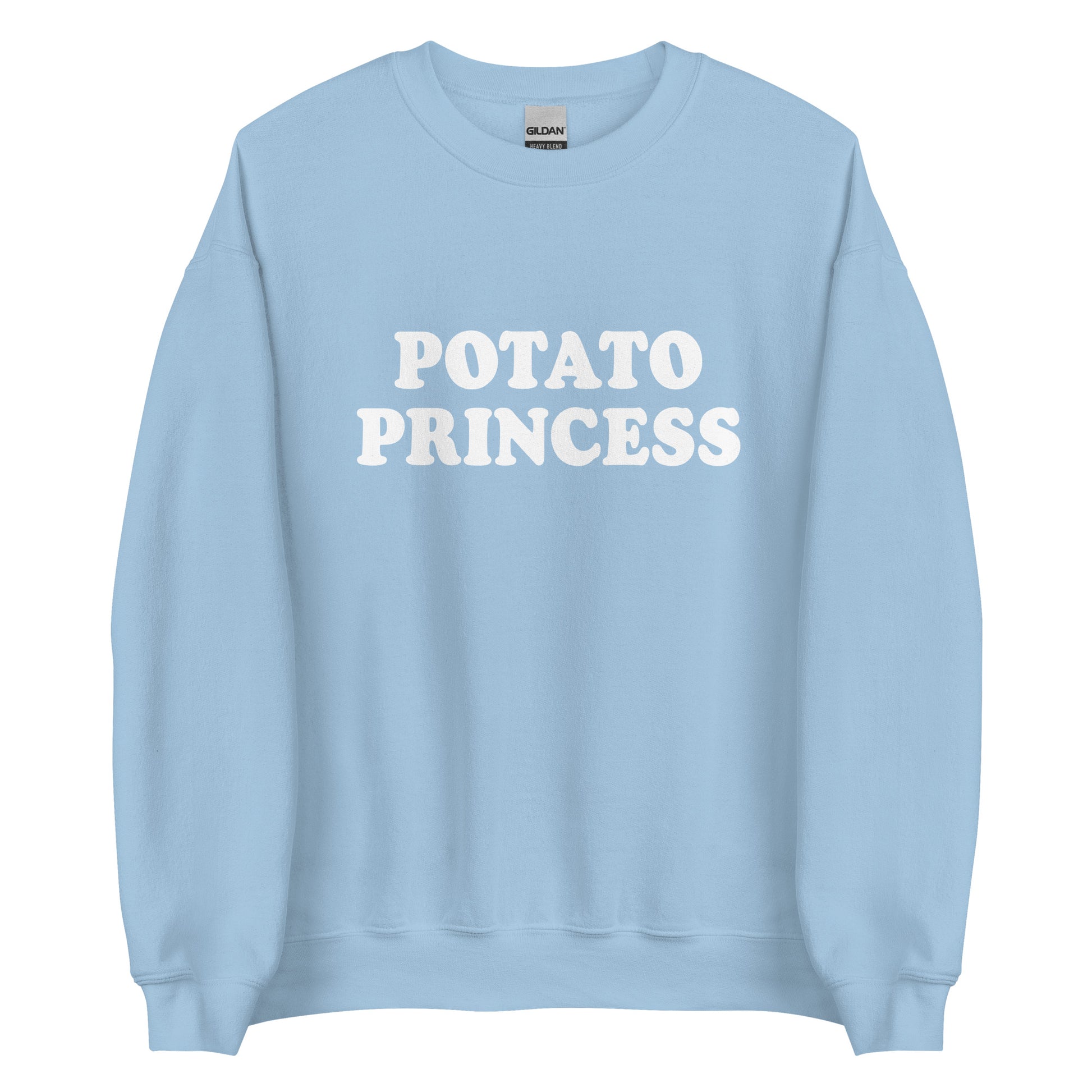 Light Blue potato princess crewneck sweatshirt from Nina's Funky Shop by ninanush - Do you love potatoes? Looking for a funny gift for a friend? Our Potato Crewneck Sweatshirt is just what you need. It's a unisex potato sweatshirt with "Potato Princess" on the front. A funny foodie sweatshirt for cozy nights in or stand out potato lover streetwear. This potato enthusiast sweatshirt is bold and made just for you.