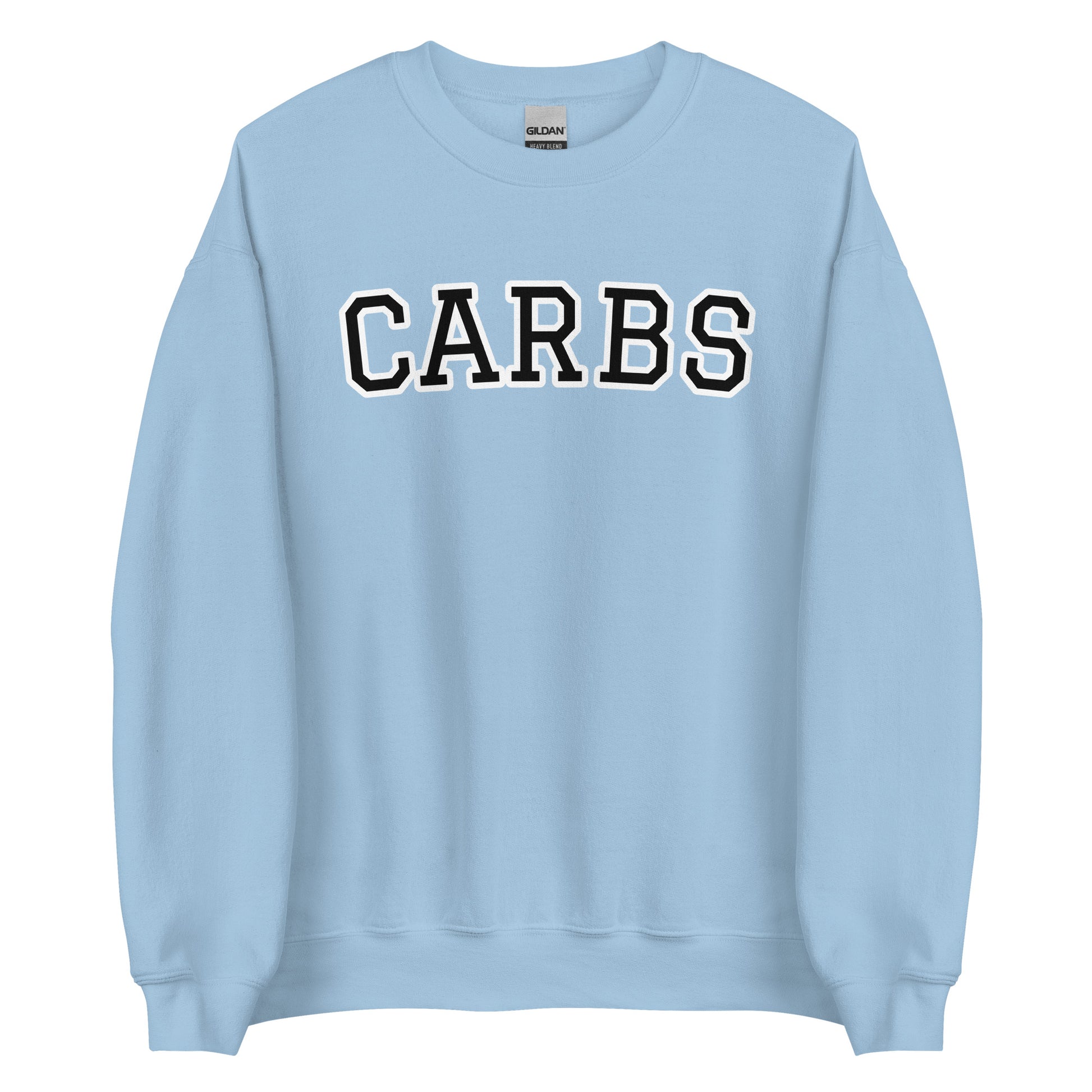 Light Blue Carb Sweatshirt from Nina's Funky Shop by ninanush - Do you love carbs? Looking for a funny foodie gift? Our Carbs Crewneck Sweatshirt is soft, comfortable and just what you need. It's a unisex food lover sweatshirt that comes in a variety of colors with "Carbs", expertly printed on the front in bold letters. A funny foodie sweatshirt or quirky streetwear for carb enthusiasts.