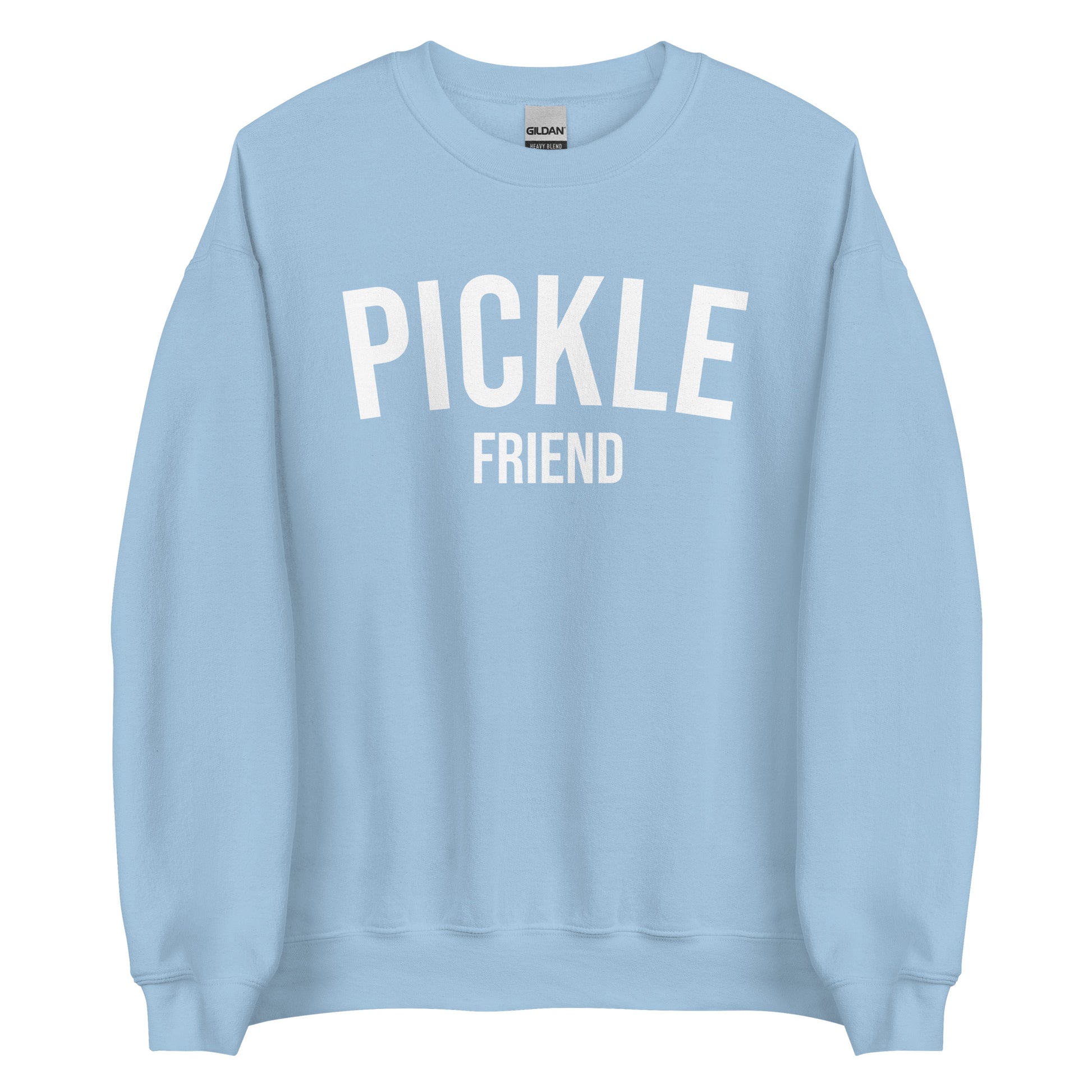 Light Blue Pickle Friend Sweatshirt from Nina's Funky Shop by ninanush - Love pickles? Looking for a funny pickle gift? Our Pickle Friend Crewneck Sweatshirt is just what you need. It's a unisex pickle sweatshirt with "Pickle Friend" on the front. A funny foodie sweatshirt or quirky streetwear for pickle lovers. This varsity style pickle sweatshirt is designed by Nina and made just for you.