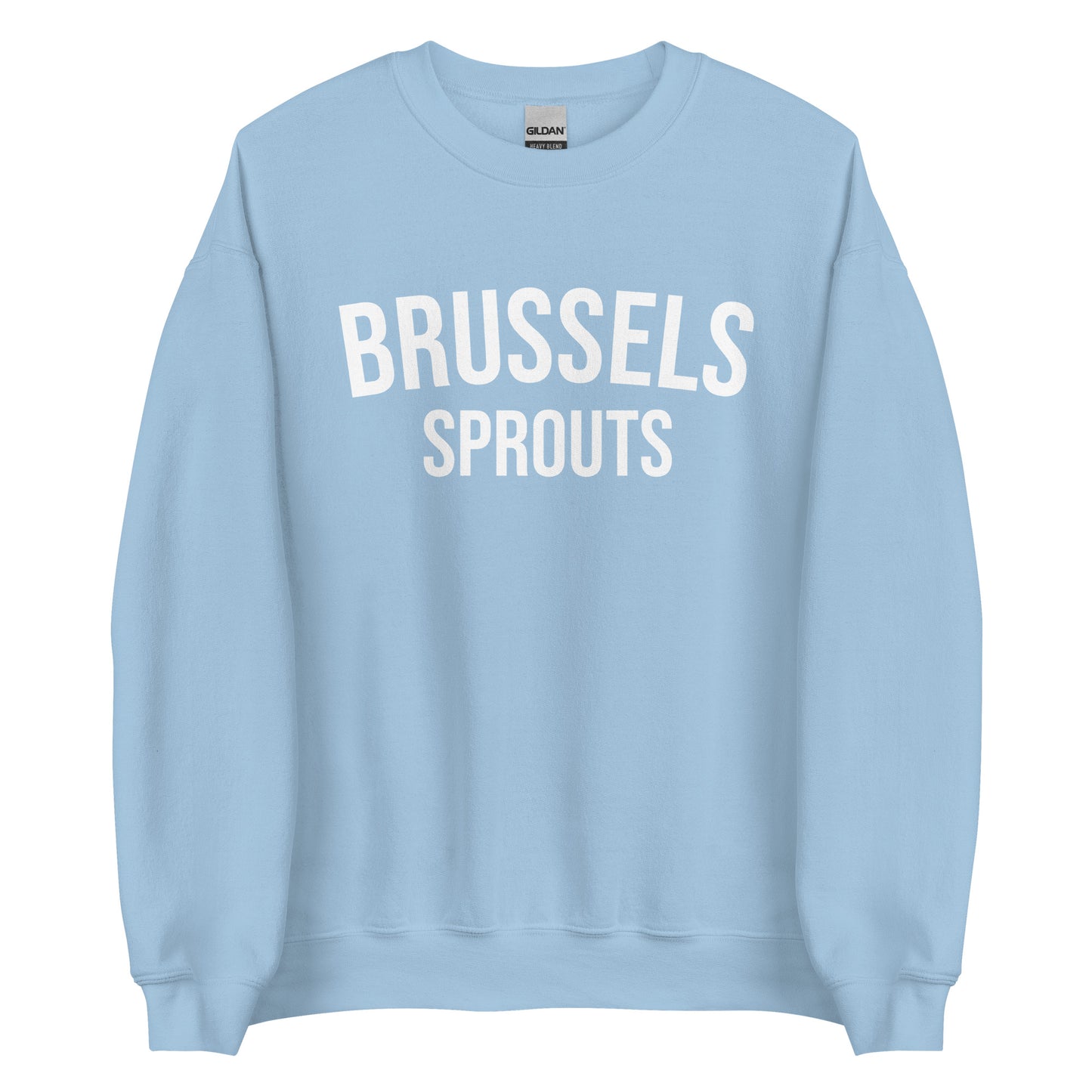 Light Blue Brussels Sprouts Sweatshirt from Nina's Funky Shop by ninanush - Do you love Brussels sprouts? Looking for a funny foodie gift? Our Brussels Sprouts Crewneck Sweatshirt is just what you need. It's a unisex unique sweatshirt with "Brussels Sprouts" on the front. A funny foodie sweatshirt for Brussels Sprouts enthusiasts. This varsity style pickle sweatshirt is designed by Nina.