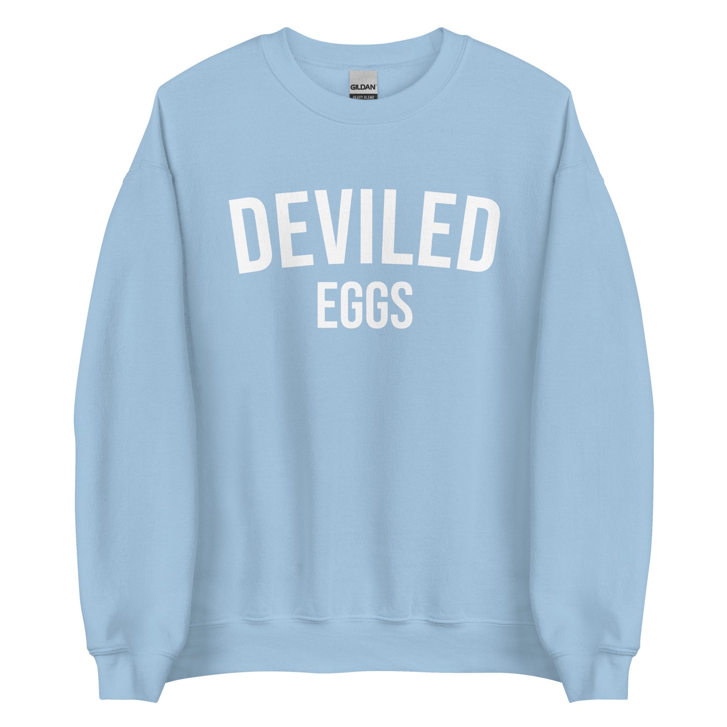 Light Blue Deviled Eggs Sweatshirt from Nina's Funky Shop by ninanush - Do you love deviled eggs? Looking for a funny gift for a friend? Our Deviled Eggs Crewneck Sweatshirt is just what you need. It's a unisex weird foodie sweatshirt with "deviled eggs" on the front. A funny foodie sweatshirt for deviled egg lovers. This funny varsity style sweatshirt is designed by Nina.