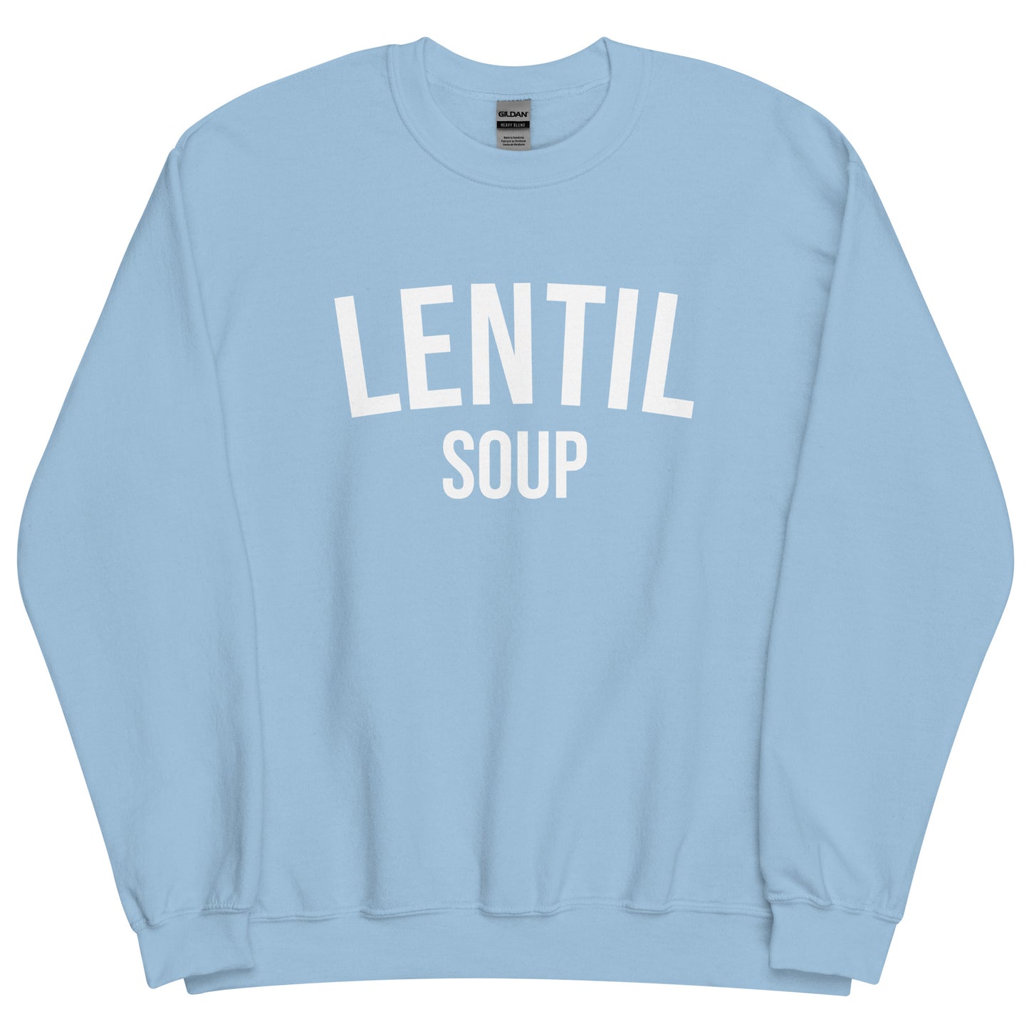 Light Blue Lentil Soup Sweatshirt from Nina's Funky Shop by ninanush - Do you love lentil soup? Looking for a funny gift? Our Lentil Soup Crewneck Sweatshirt is just what you need. It's a unisex soup lover sweatshirt with "lentil soup" on the front. A funny foodie sweatshirt for soup enthusiasts and a quirky sweatshirt foodies of all kinds. This varsity style sweatshirt is designed by Nina and made just for you.