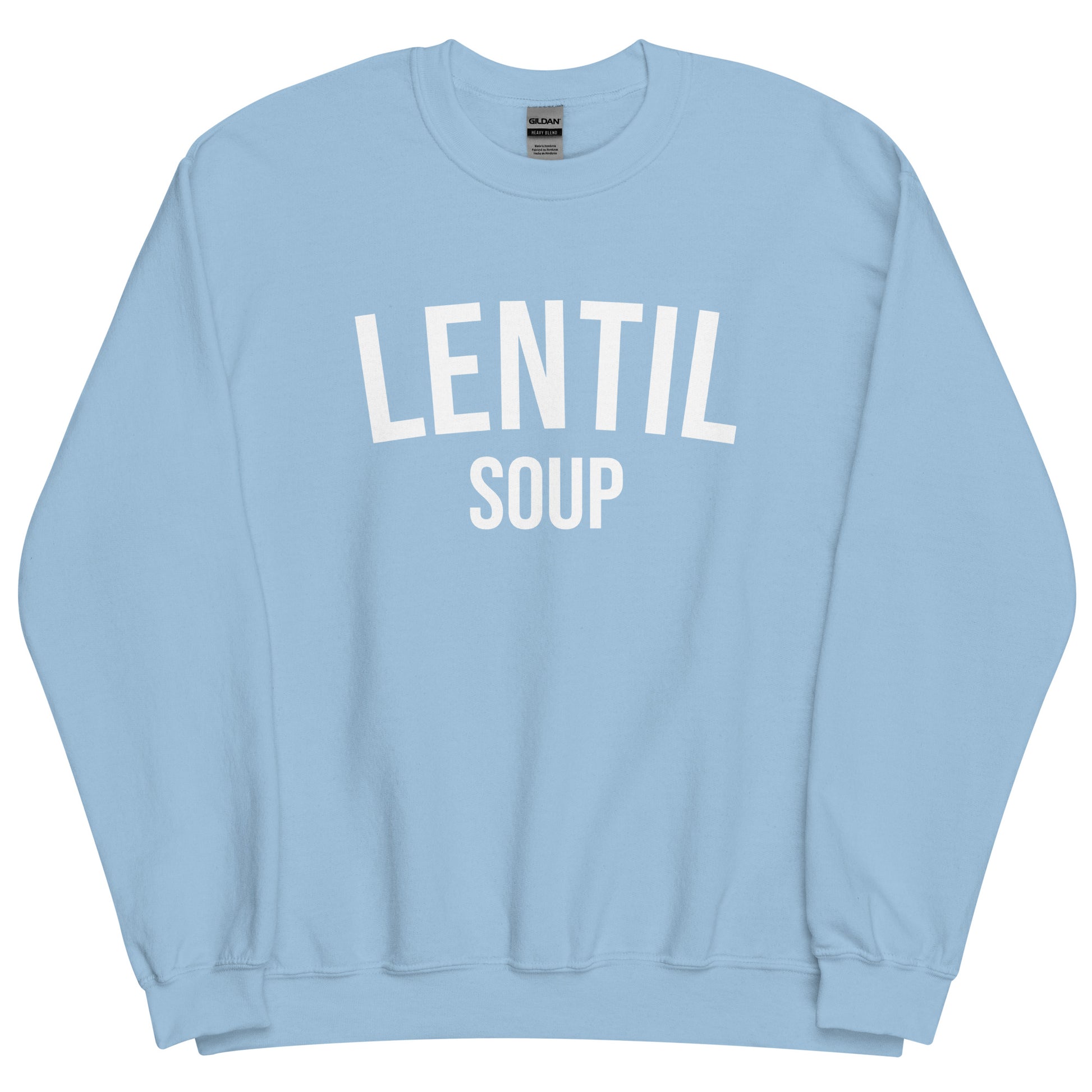 Light Blue Lentil Soup Sweatshirt from Nina's Funky Shop by ninanush - Do you love lentil soup? Looking for a funny gift? Our Lentil Soup Crewneck Sweatshirt is just what you need. It's a unisex soup lover sweatshirt with "lentil soup" on the front. A funny foodie sweatshirt for soup enthusiasts and a quirky sweatshirt foodies of all kinds. This varsity style sweatshirt is designed by Nina and made just for you.