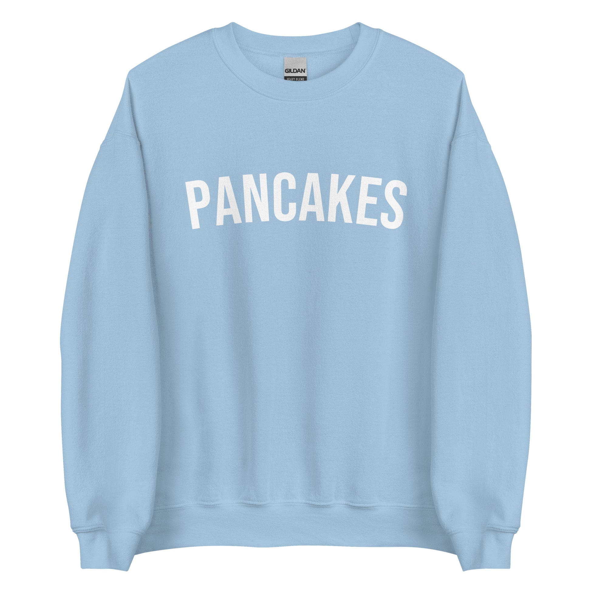 Light Blue Pancakes Sweatshirt from Nina's Funky Shop by ninanush - Do you love pancakes? Looking for a funny gift? Our pancakes Crewneck Sweatshirt is soft, comfortable and just what you need. It's a pancake lover sweatshirt with "pancakes" on the front. A funny foodie sweatshirt for breakfast enthusiasts and foodies. This varsity style sweatshirt is designed by Nina and made just for you.