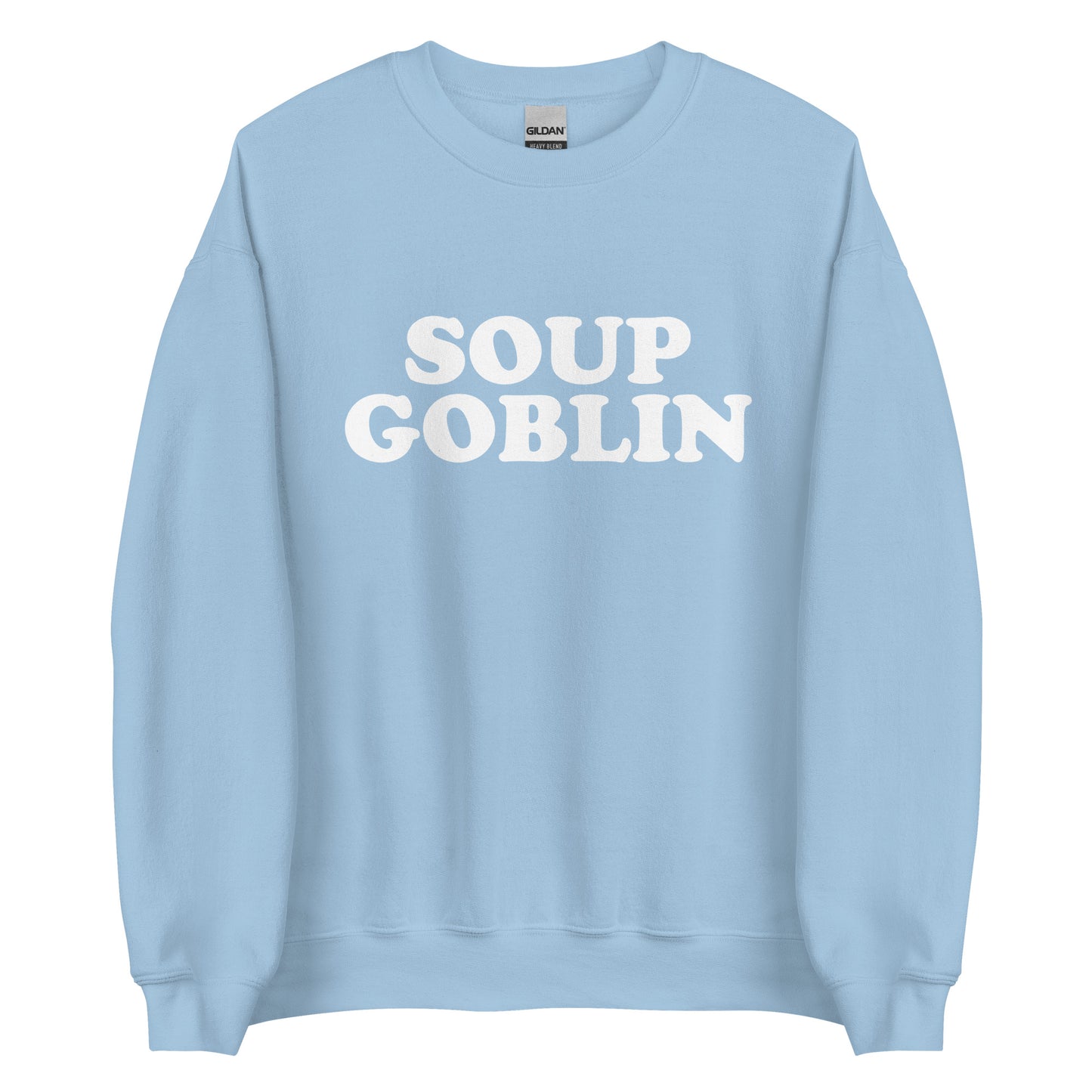 Light Blue Soup Goblin Sweatshirt from Nina's Funky Shop by ninanush - Are you a soup goblin? Looking for a funny foodie gift? Our Soup Goblin Crewneck Sweatshirt is soft, comfortable and just what you need. It's a unisex soup sweatshirt with "soup goblin", expertly printed on the front. A funny foodie sweatshirt for soup enthusiasts and a quirky sweatshirt for everyday streetwear.